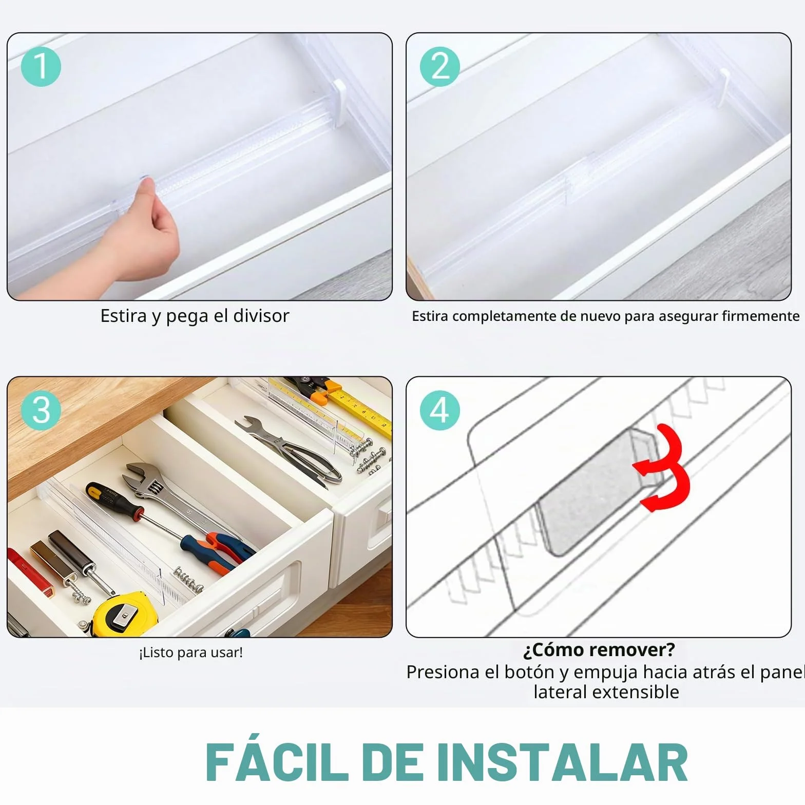 6 Piezas Separador Cajones Ajustable, Transparentes Separadores de Cajones, de 28,7 A 50,5 cm de Largo, Divisores de Cajones para Cocina, Dormitorio, Oficina, Escritorio y Cómoda