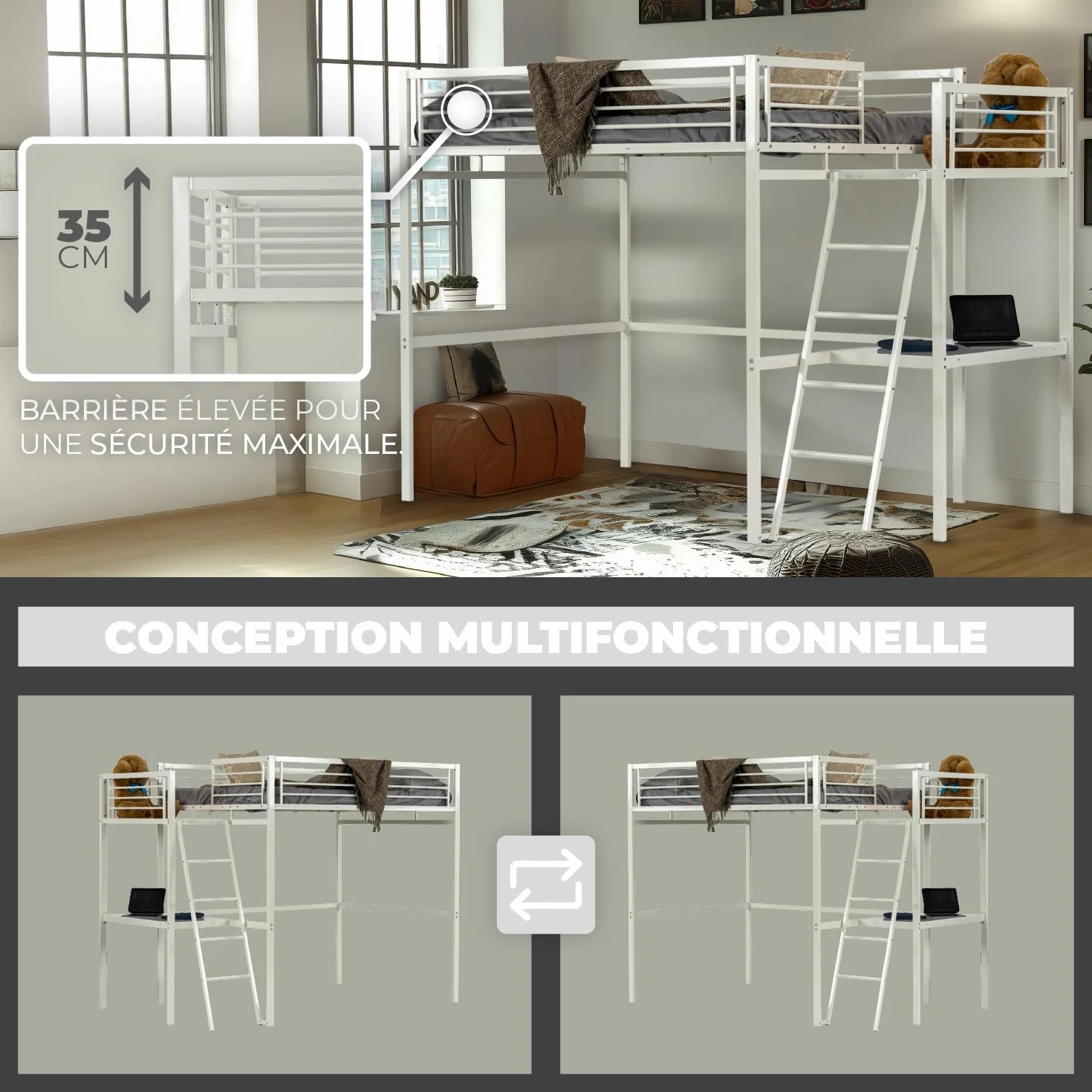 MEUBLE Cosy Literas Juveniles Cama Alta Estructura de Metal Doble 140 x 190 cm con Escalera y Escritorio para niños, Adolescentes y Adultos, Estilo Industrial, Blanco