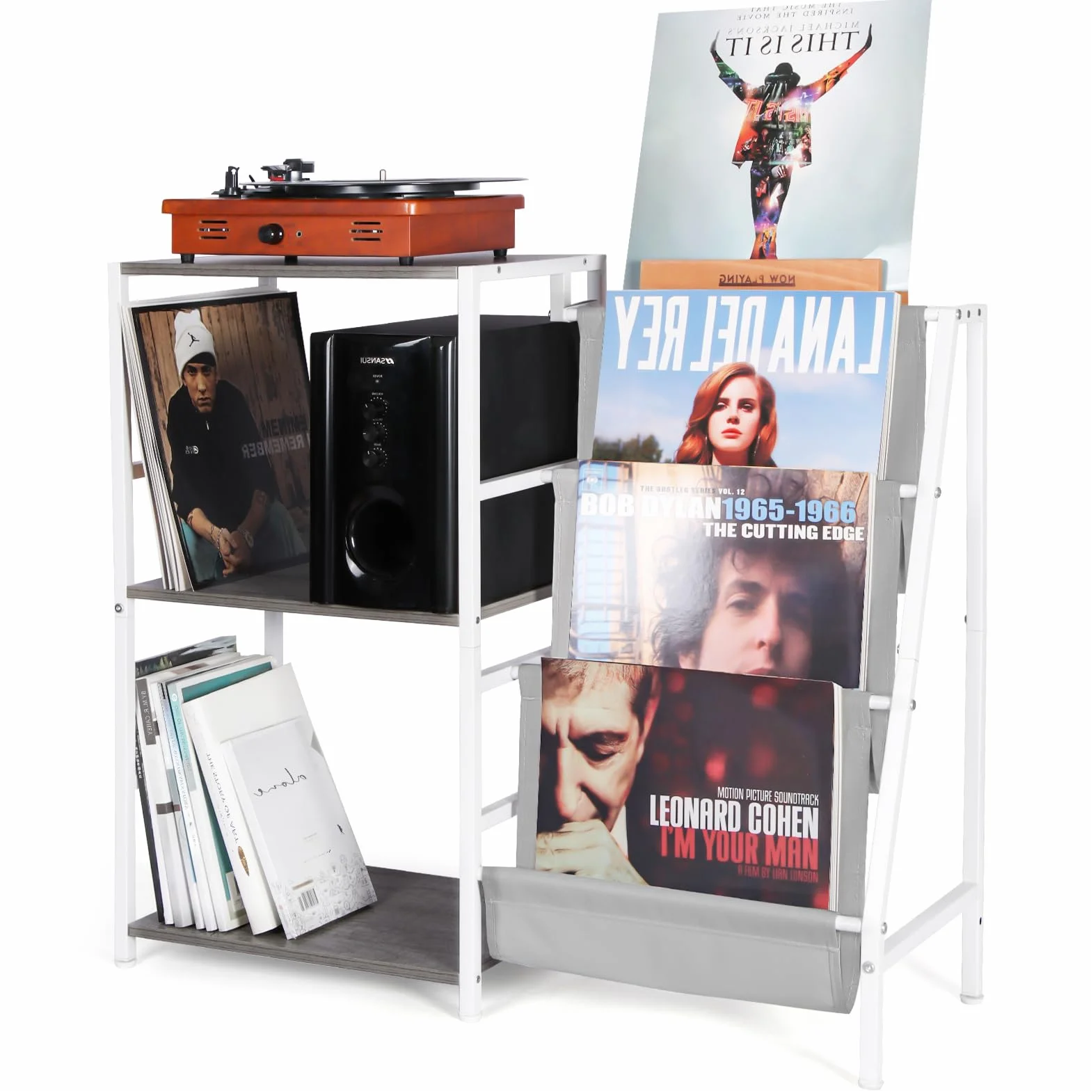 Mueble Tocadiscos con Soporte Vinilos de 3 Niveles, Mesa Reproductor Vinilo, Gris y Blanco