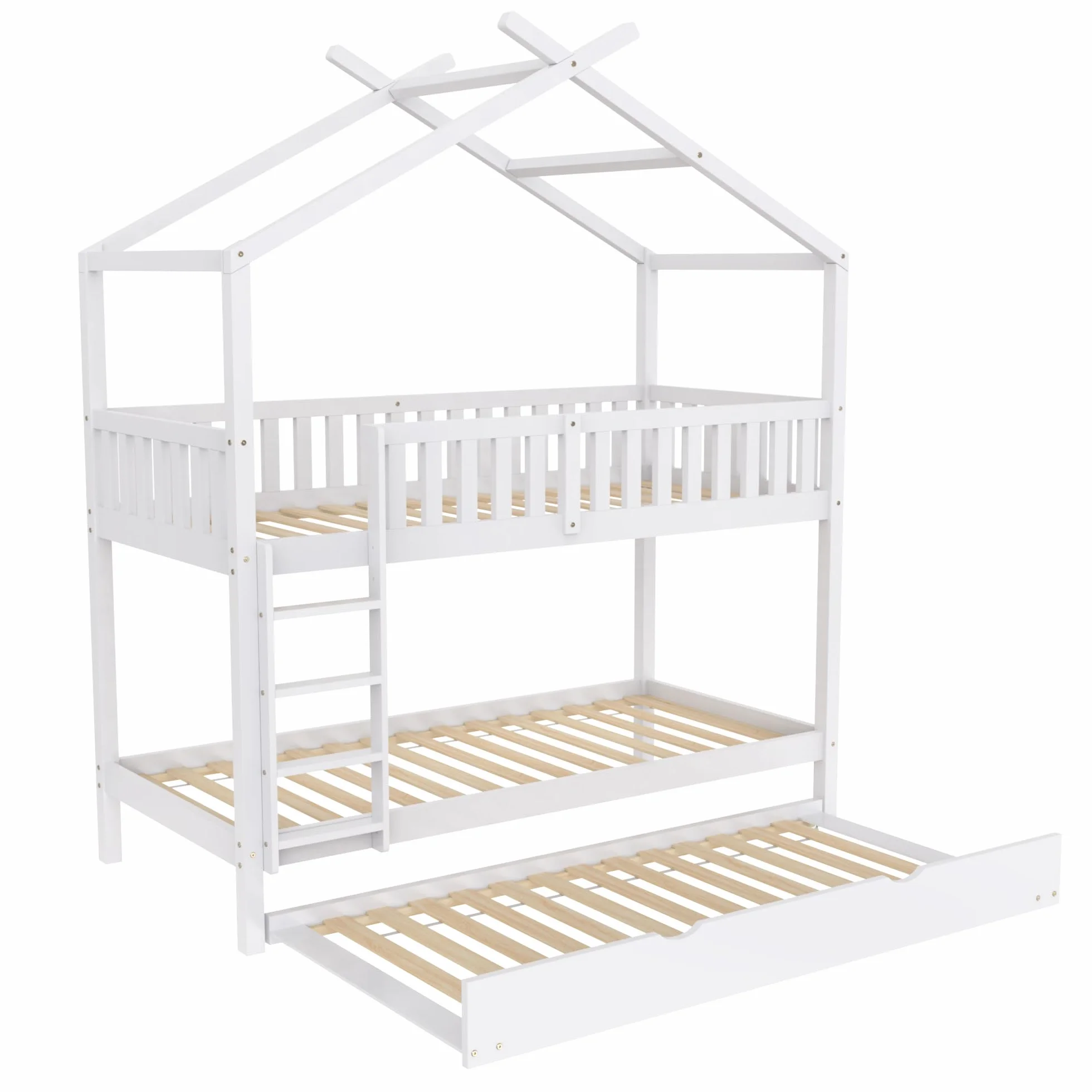 Azkoeesy Litera Infantil con Cama Nido para 3 niños o Adultos, Forma de casita, con protección anticaídas, somier, Escalera, Material Pino, Color Blanco, 90 x 200 cm - N634W0001A