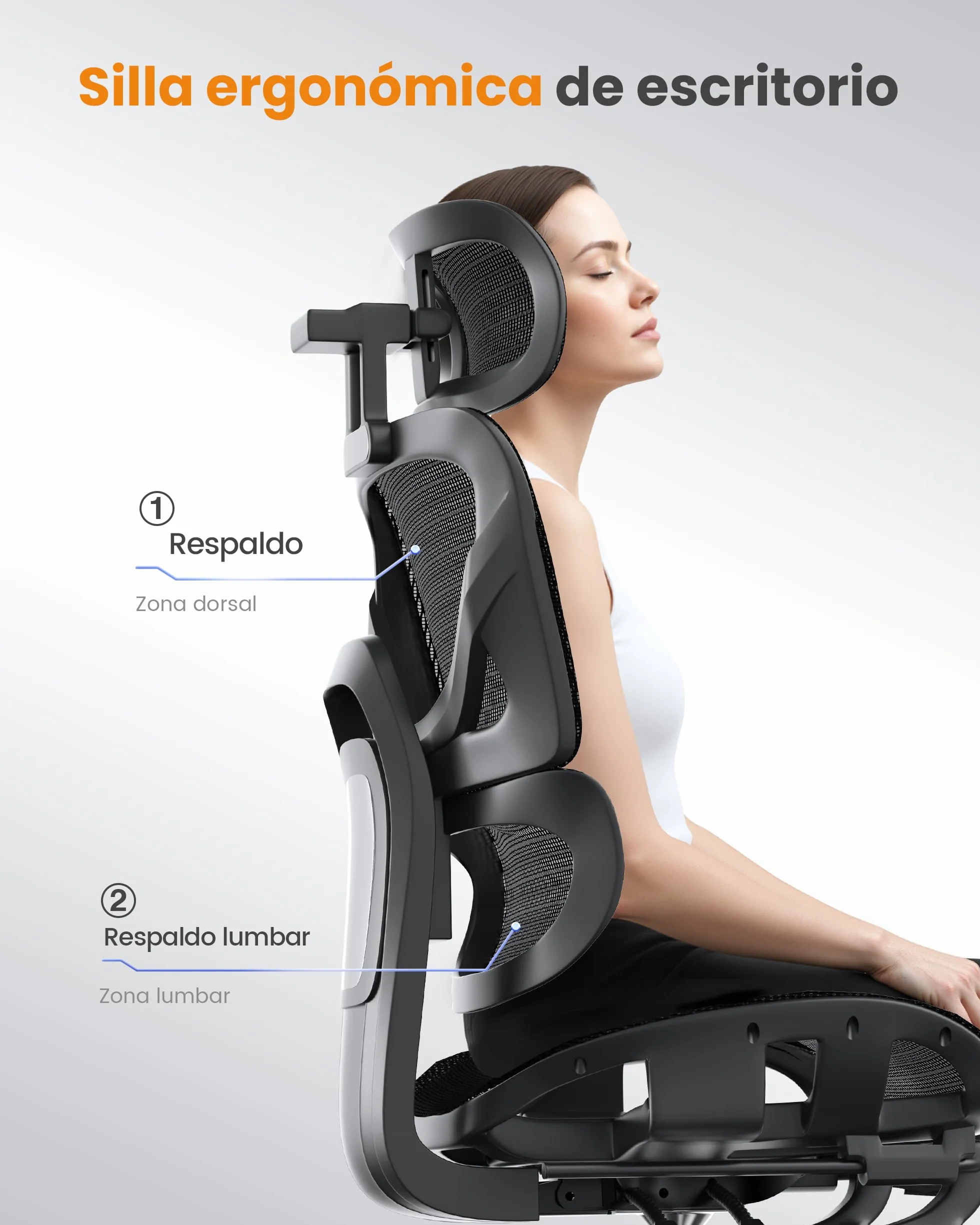 Silla Escritorio Ergonómica con Respaldo Alto de Malla Transpirable, Carga 160 kg, Reposabrazos 3D y Reposacabezas Ajustables