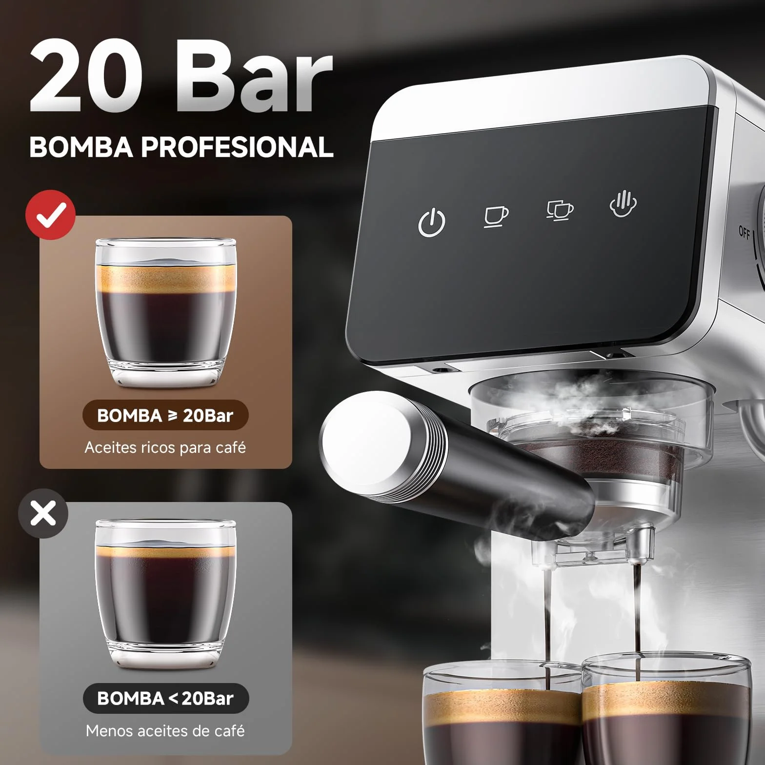 AMZCHEF Cafetera Espresso 20 Bares con Espumador de Leche, 1350W de Acero Inoxidable con Pantalla LED y Depósito Extraíble de 1,2 L, Diseño Compacto para el Hogar