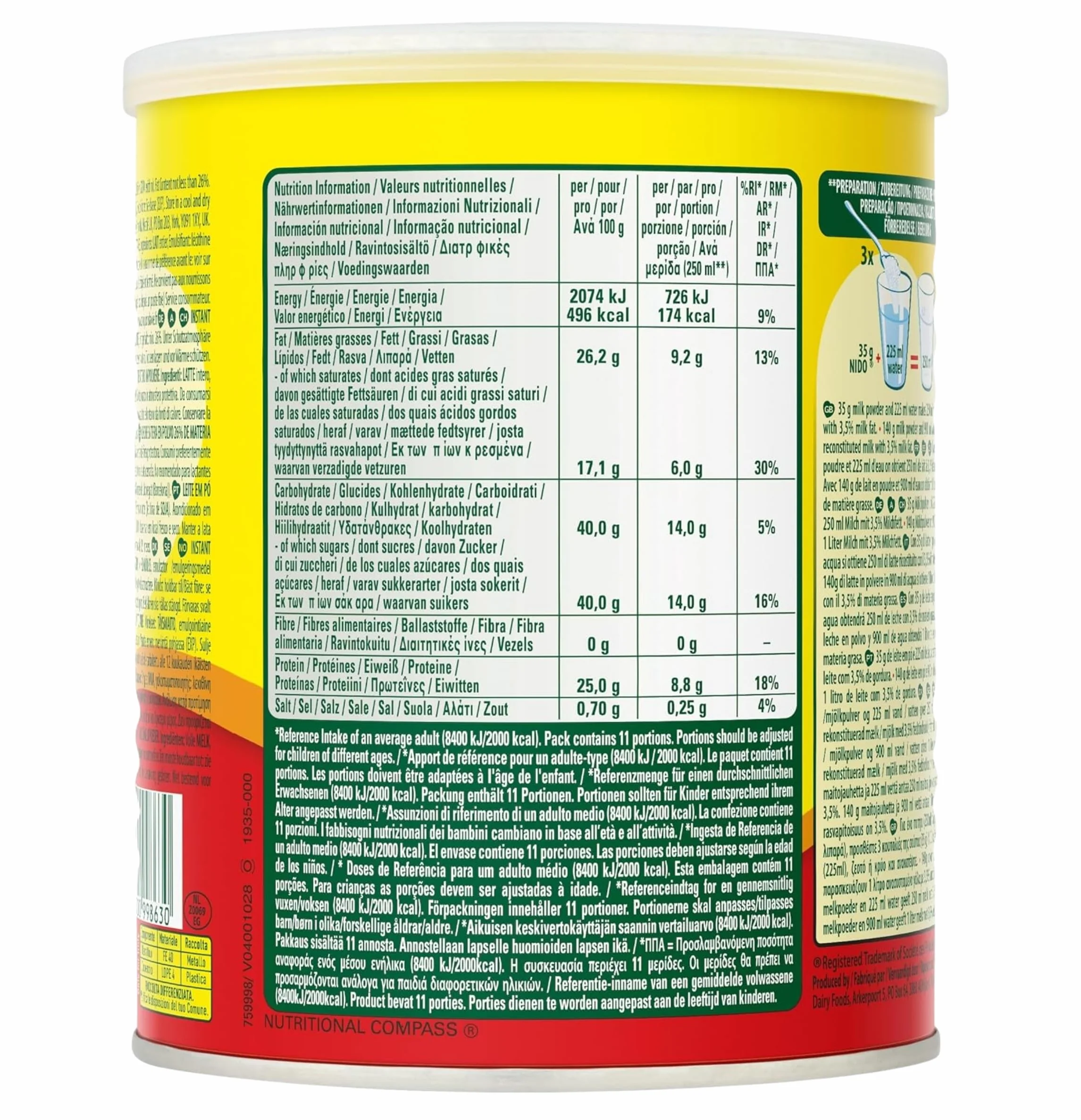 Nestlé NIDO Leche en Polvo Entera Instantánea 400g Alto Contenido en Proteínas y Calcio