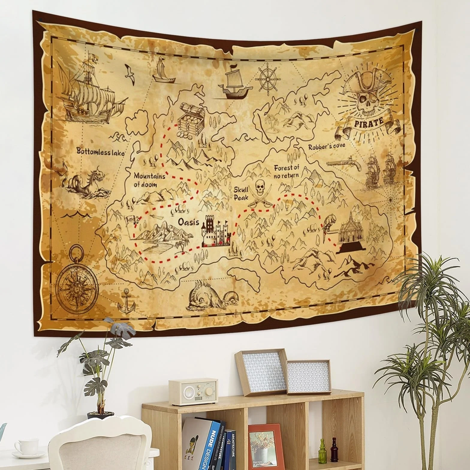 YONGFOTO Tapiz Mapa del TesoroAntiguos Pirata Mapa Mundi Decoracion Pared Poster Isla Occidental Ruta Navegación Dormitorio Cubierta Sofá Cama, 100x70cm