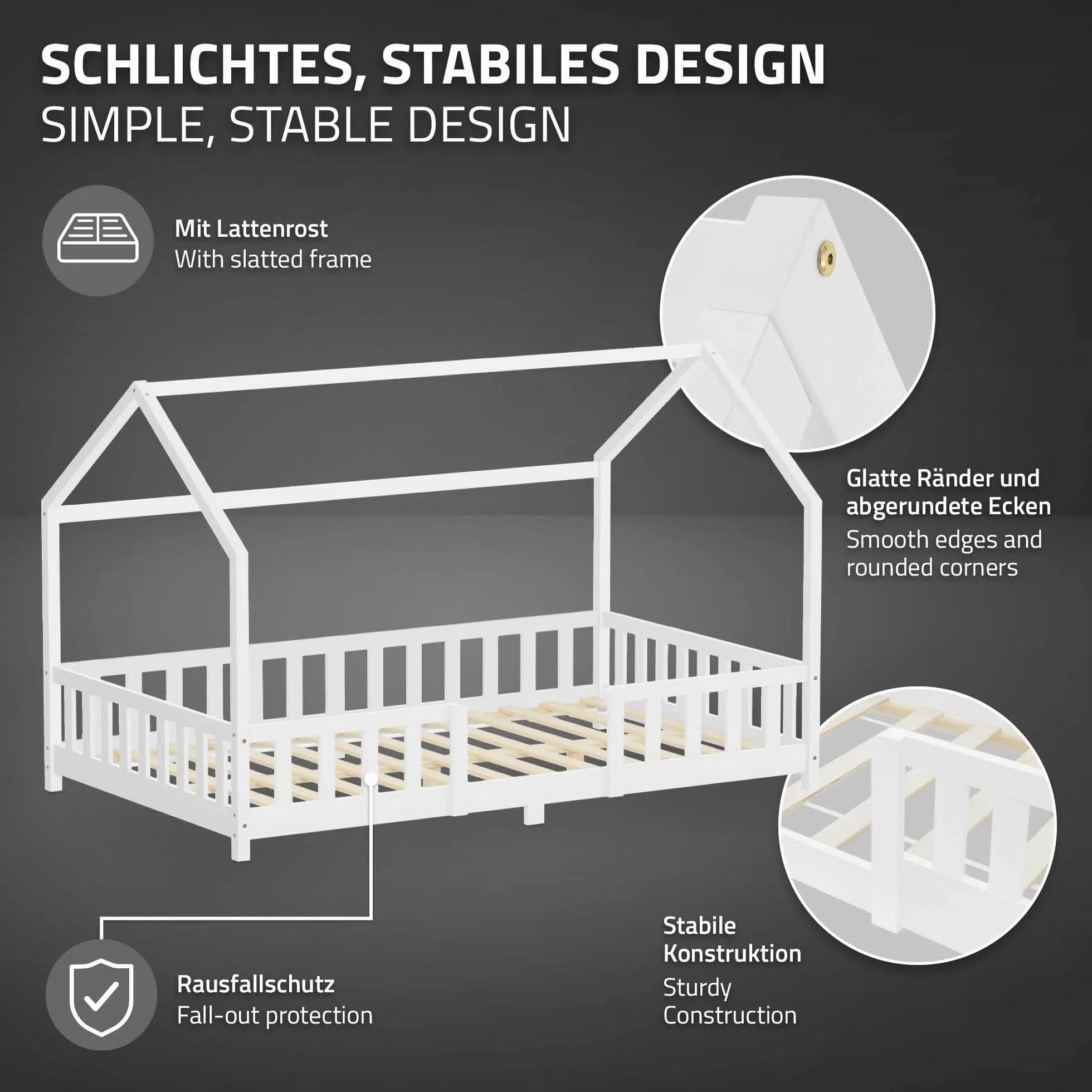 ML-Design Cama Infantil 120x200cm Blanco, con Colchón, Protección Anticaída, Techo y Somier, Listones de Madera de Maciza de Pino Lecho Doble Montessori Forma de Casa Mobiliario Juvenil, para Niños