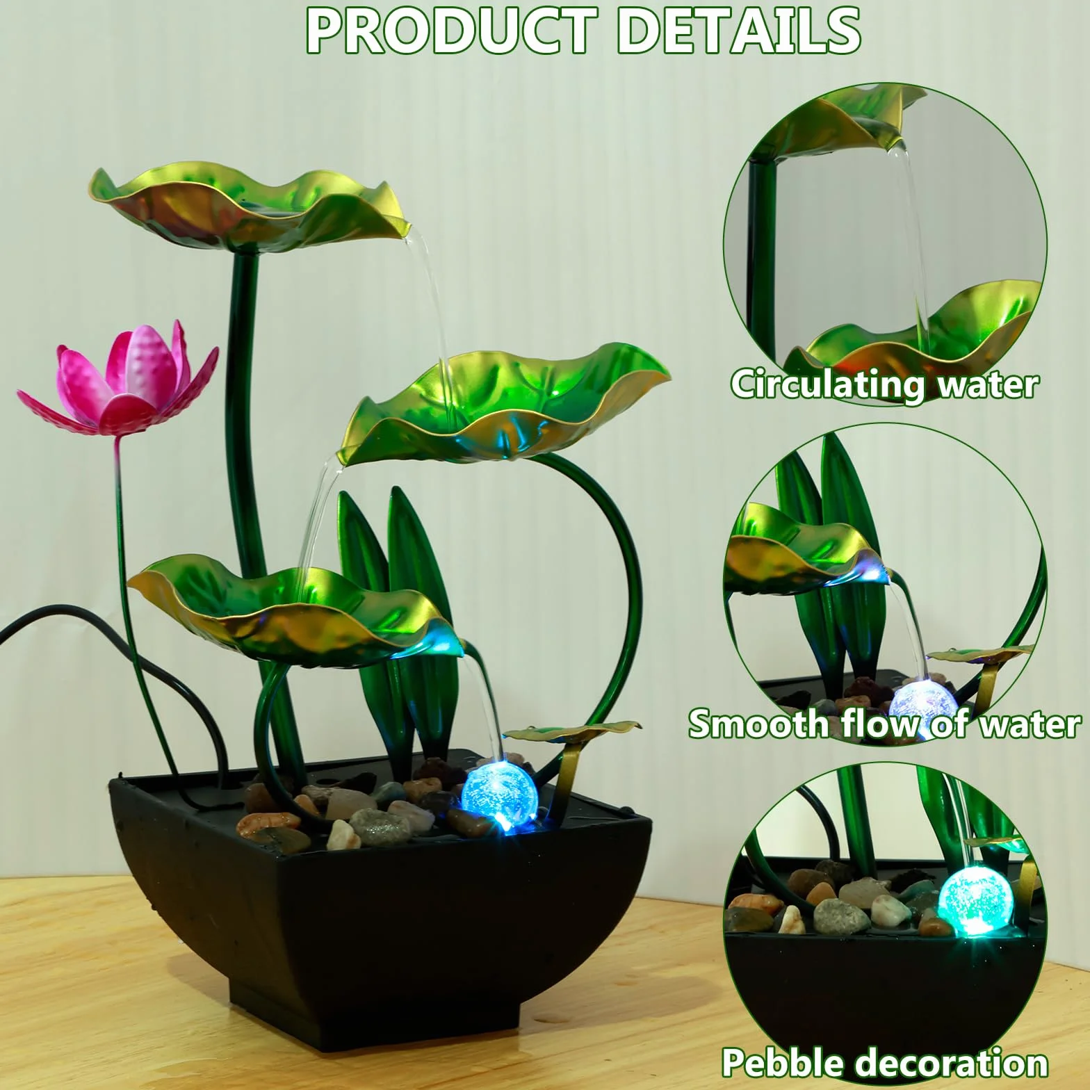 Fuente de Agua de Mesa para Interiores Con Anillo de Luces LED - Alimentada por USB, para Escritorio, Meditación, Relajación y Decoración Zen