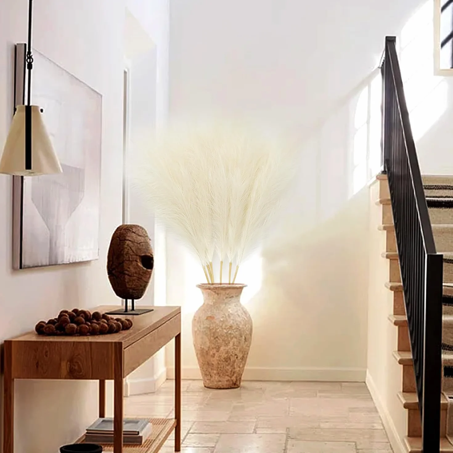 6 Pcs Pampas Secas Decoracion Grandes 113 Cm Blanquecino Hierba De Pampa Simulada Hierba Artificial De Pampa para Sala De Estar, Hogar, Piso, Jarrón, Decoración Boho（Beige）