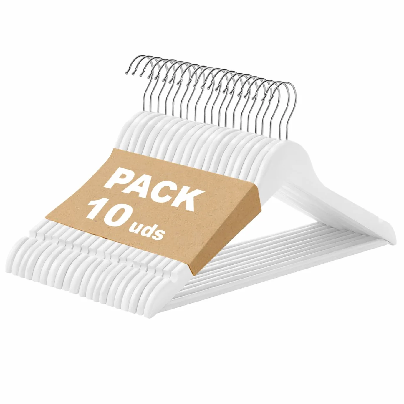 MERCURY TEXTIL - Perchas Ropa de Madera Natural, Gancho Giratorio 360°, Barra Antideslizante para Pantalones, Ideal para Trajes, Vestidos y Chaquetas, Perchas Madera (Blanco, 10 Unidades)