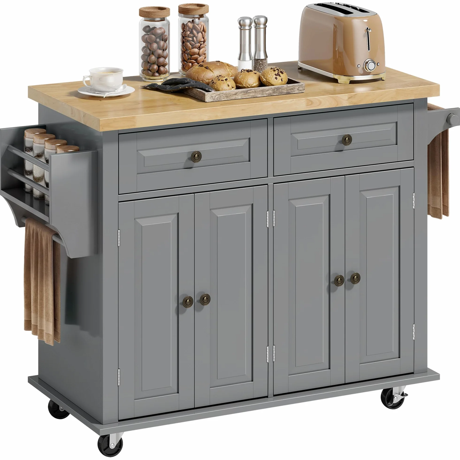 HOMCOM Isla de Cocina con Ruedas Carro de Cocina con 2 Cajones 4 Puertas Especiero Encimera de Madera Estante Ajustable y Barra Lateral para Comedor 111x44,5x82,5 cm Gris