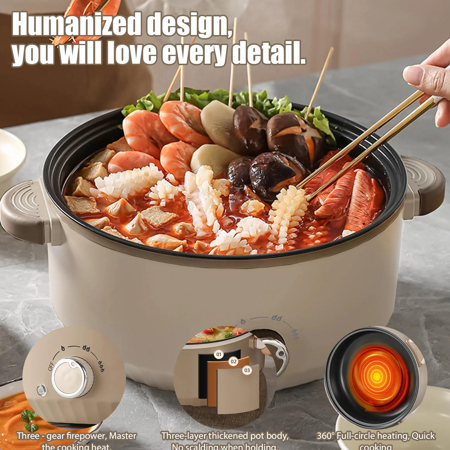 Olla Eléctrica Multifuncional 4,6L 1000W Hot Pot con Vaporera 3 Niveles