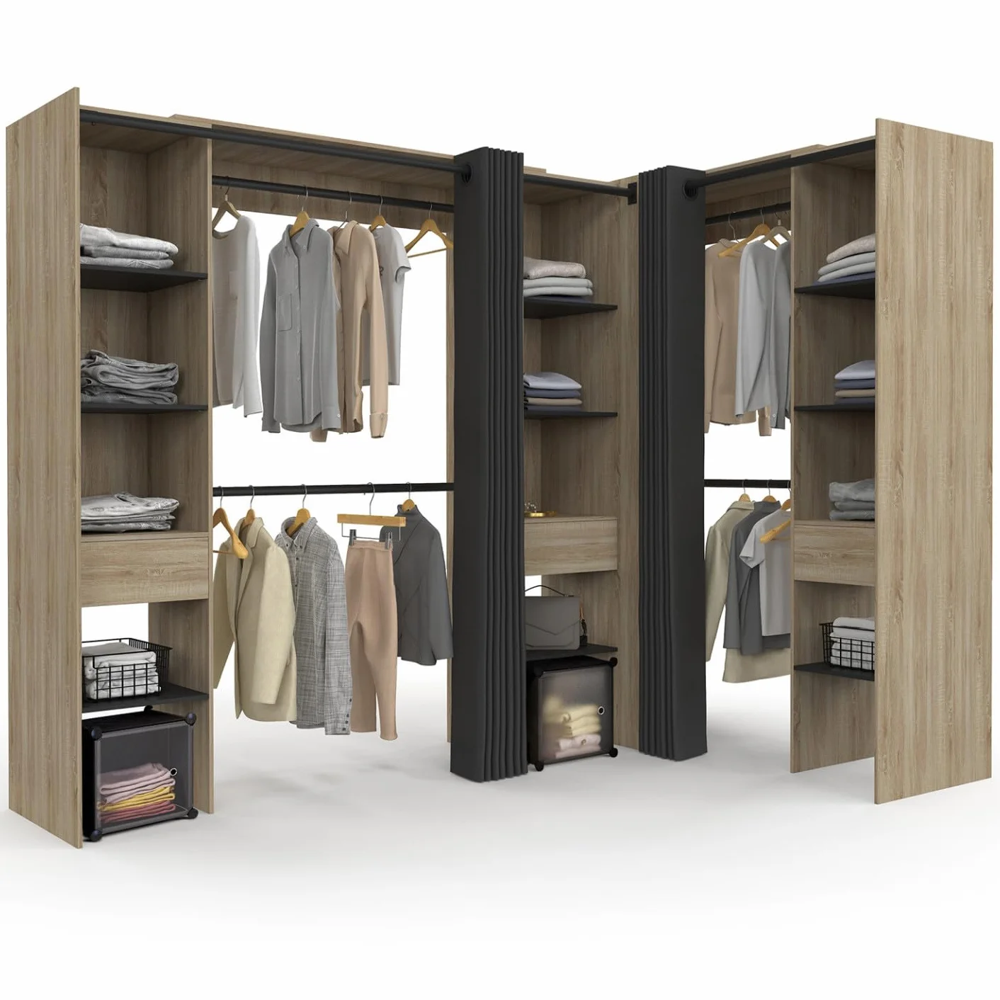 IDMarket - MARLON 230 x 140 x 180 cm Armario esquinero de haya con armarios + estantes + cortinas negras