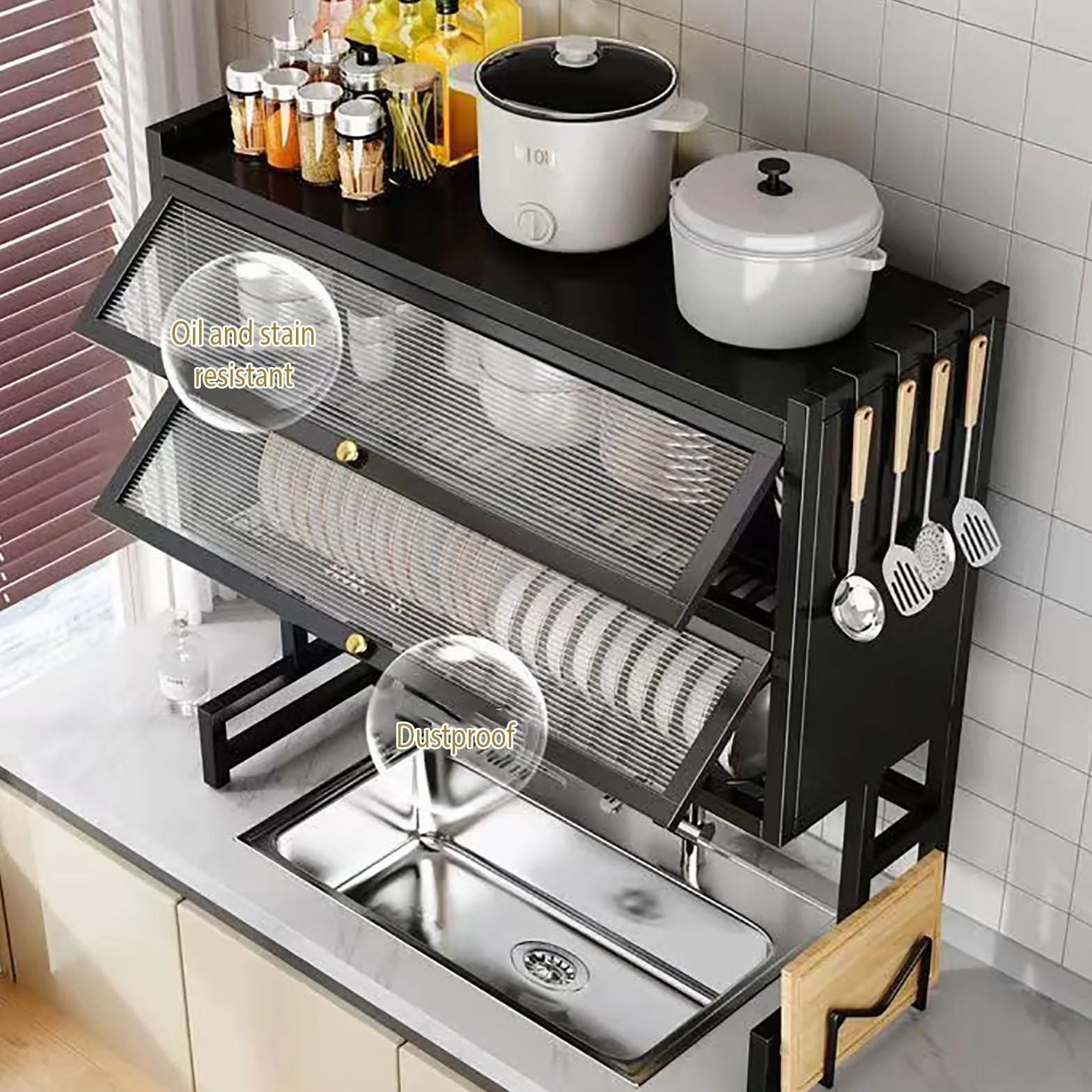 Escurridor de Cocina de Dos Niveles para encimera, escurreplatos de sobremesa, diseño de Doble Capa,Apto para Colocar Cuencos, Platos, Tazas y Cubiertos.(Black,95cm/37.4in)