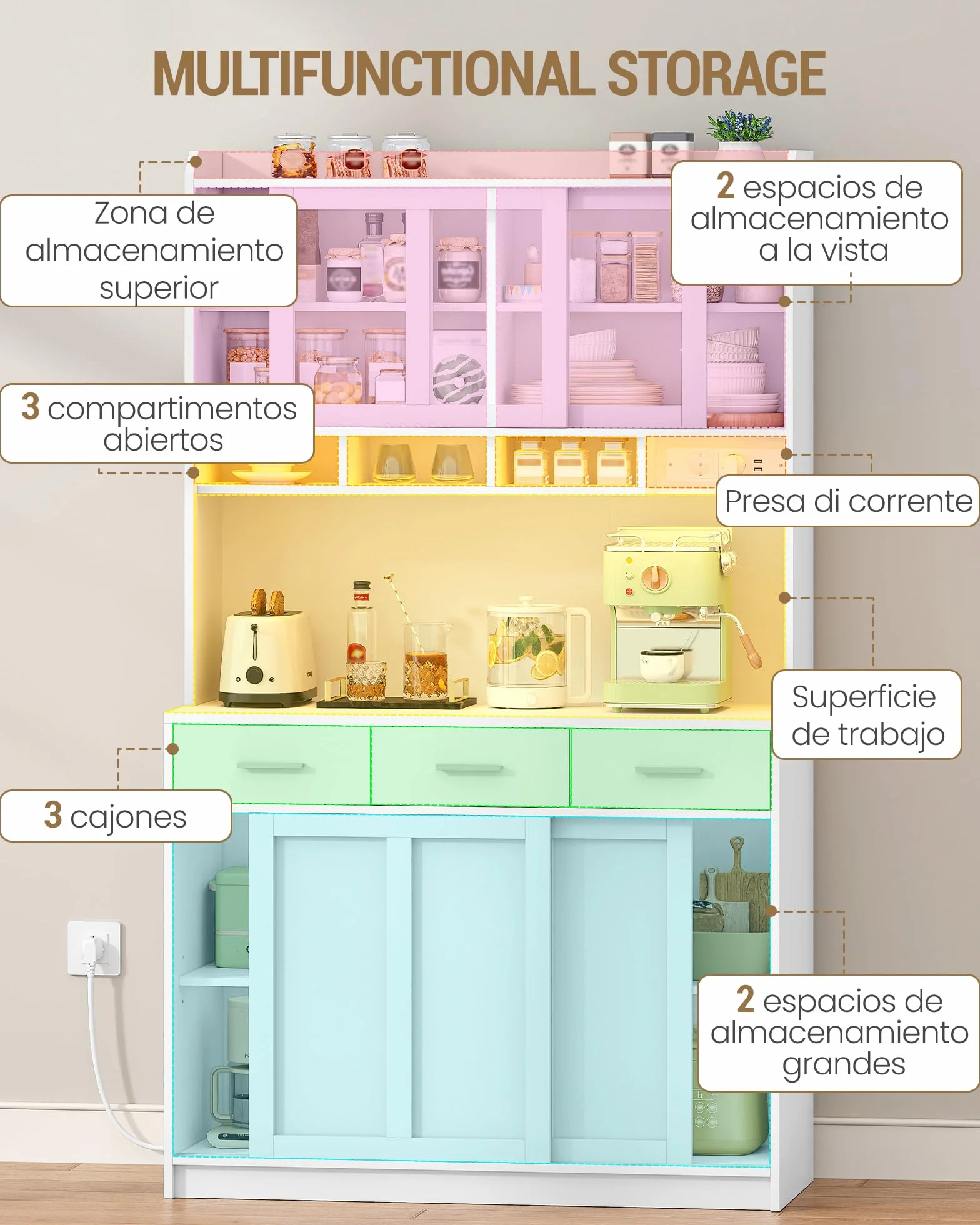 Hzuaneri Alacena de Cocina, Aparador Comedor con Iluminación Led y Regleta Eléctrica, Encimera, 3 Cajones, Estantes Ajustables, para Cocina o Comedor, 40 x 100 x 185 cm, Blanco 0110203XEU