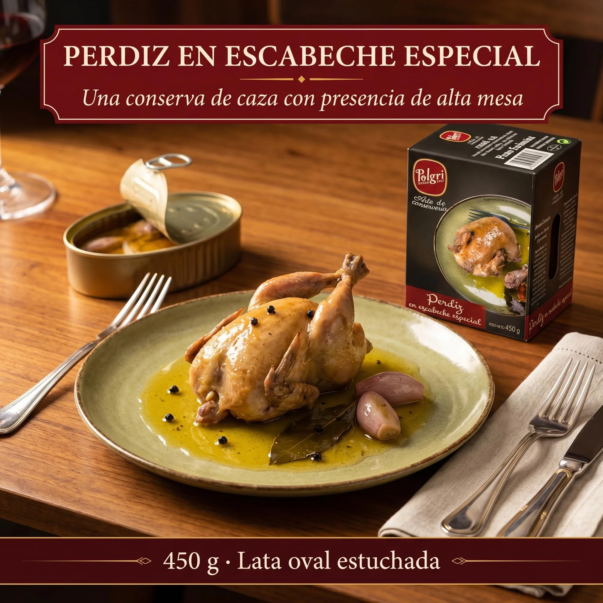 POLGRI Perdiz en Escabeche Conserva de Caza 450 g Lata Estuchada Plato Preparado Receta Manchega