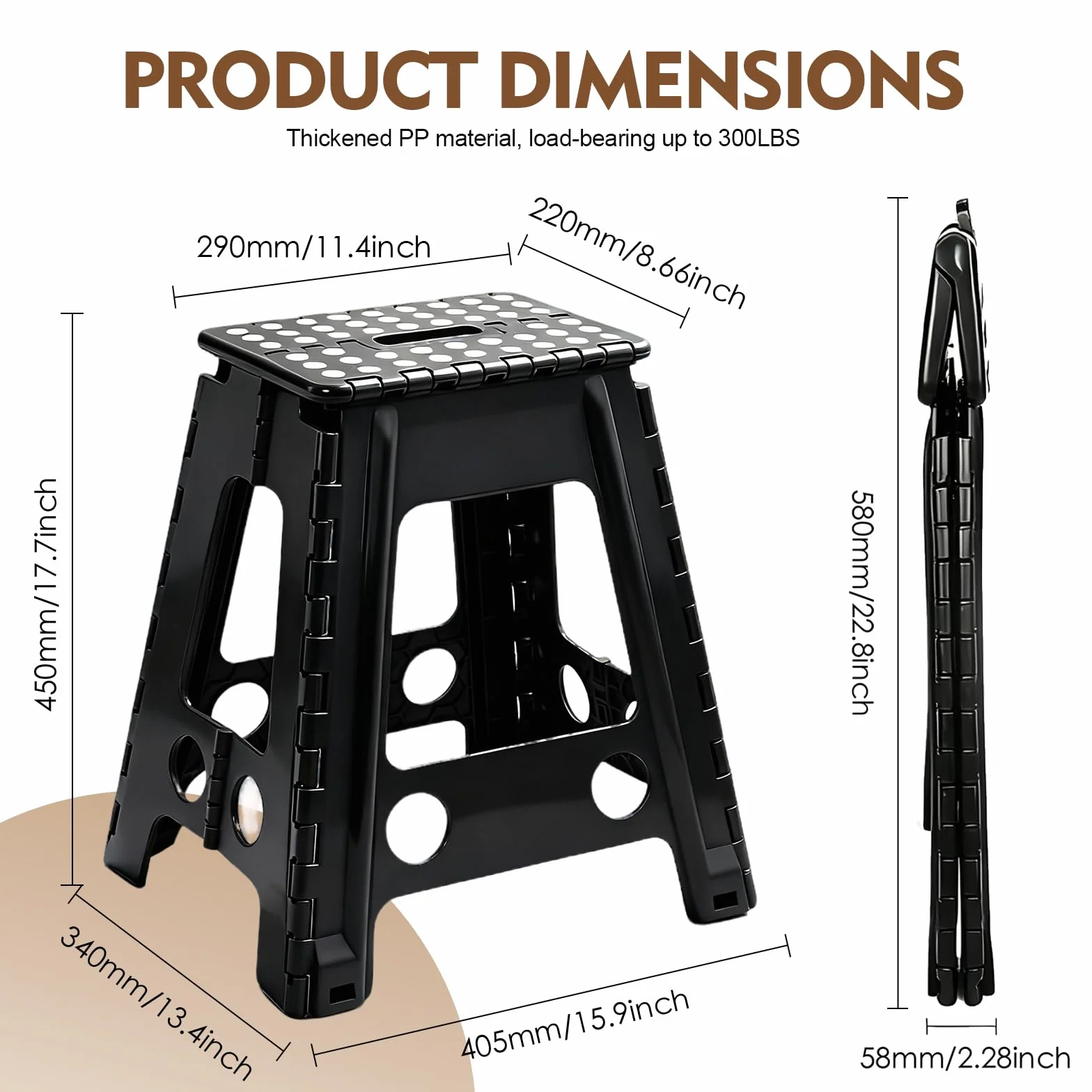 Taburete Escalón Plegable Portátil - Altura 45 cm - Soporta hasta 150 kg - con Asa para Llevar - Estable para Cocina, Baño, Habitación Infantil, Recibidor y Camping - Negro