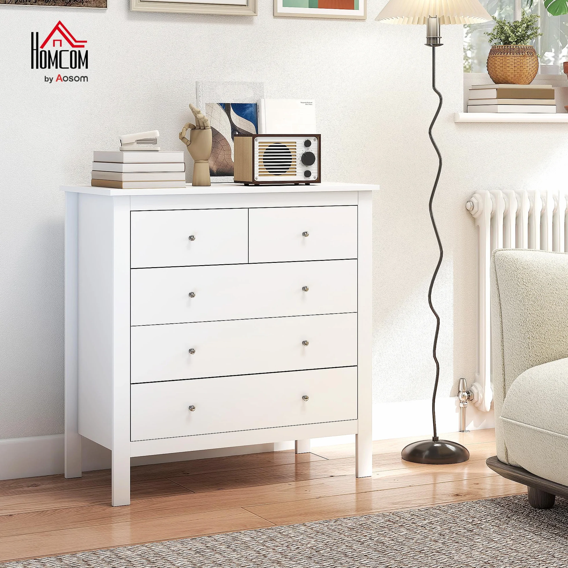 HOMCOM Cómoda con 5 Cajones, Cómoda Dormitorio con Patas Elevadas, Cajonera para Salón, Oficina, Estilo Moderno, 79x39,5x80,5 cm, Blanco