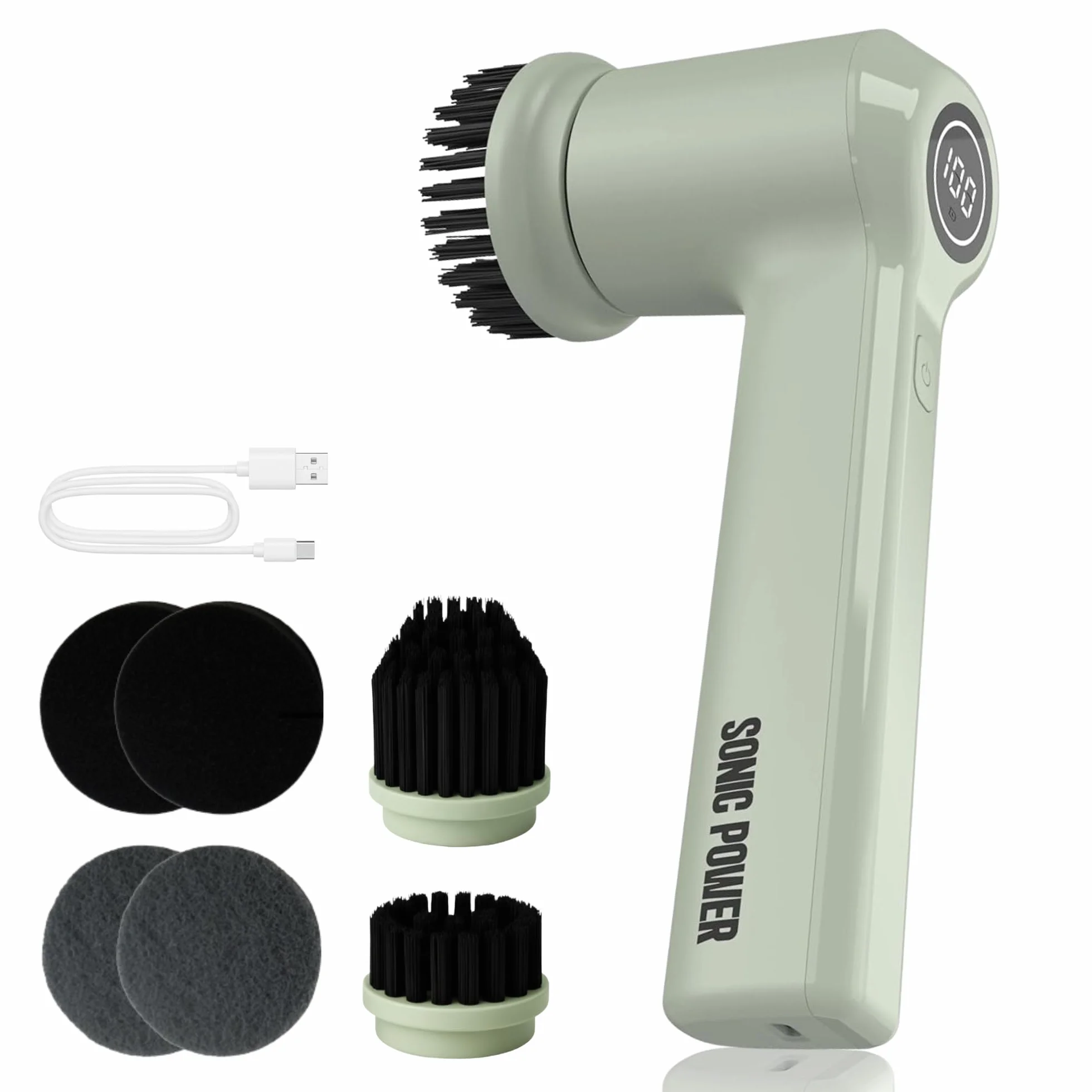 SonicPower Limpiador giratorio eléctrico, de mano y ergonómico, impermeable IPx7, 4 accesorios multiusos incluidos, batería recargable de larga duración (salvia)