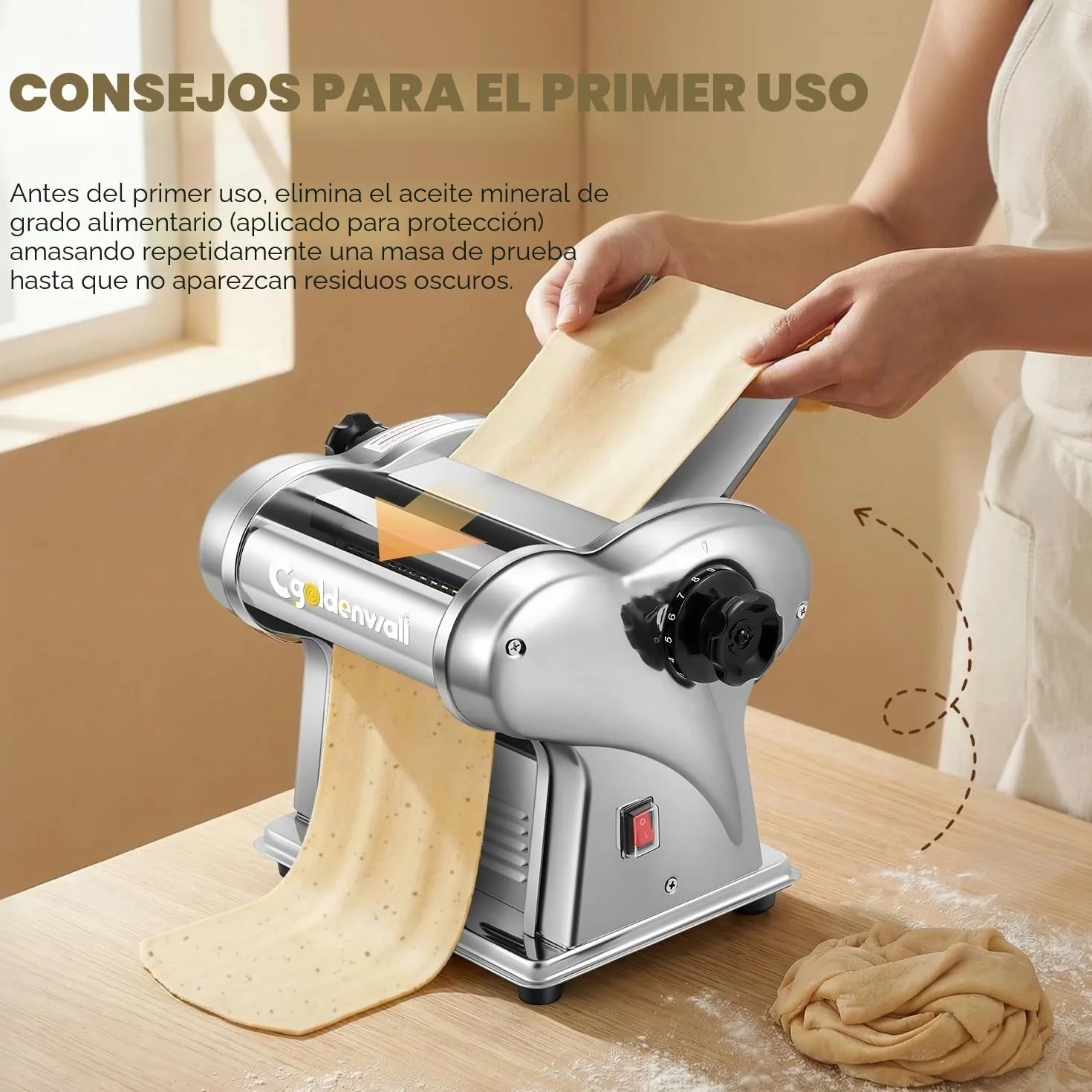 CGOLDENWALL Máquina de Pasta Eléctrica, Motor de 140W con 2 Cuchillas (1.5 mm/4 mm) y 9 Grosores Ajustables de 0.3-3 mm, Acero Inoxidable para Hacer Fideos Fresca Casera