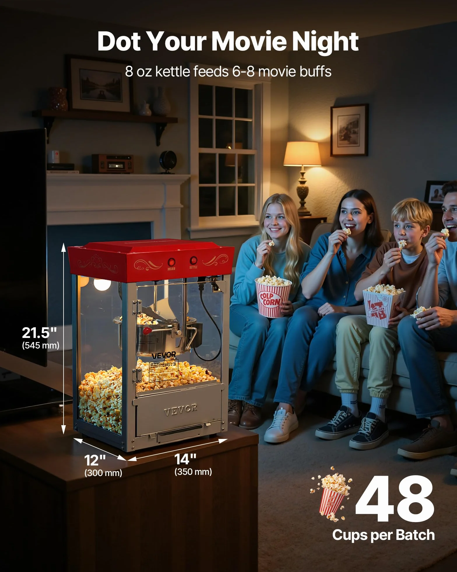 VEVOR Máquina de Palomitas con Hervidor de Acero Inoxidable de 0,2 kg, 800 W, 48 Tazas, Estilo Cine, con Control de 2 Botones, Puerta de PC con Panel de Vidrio, 1 Cucharada y 3 Cucharas, Rojo
