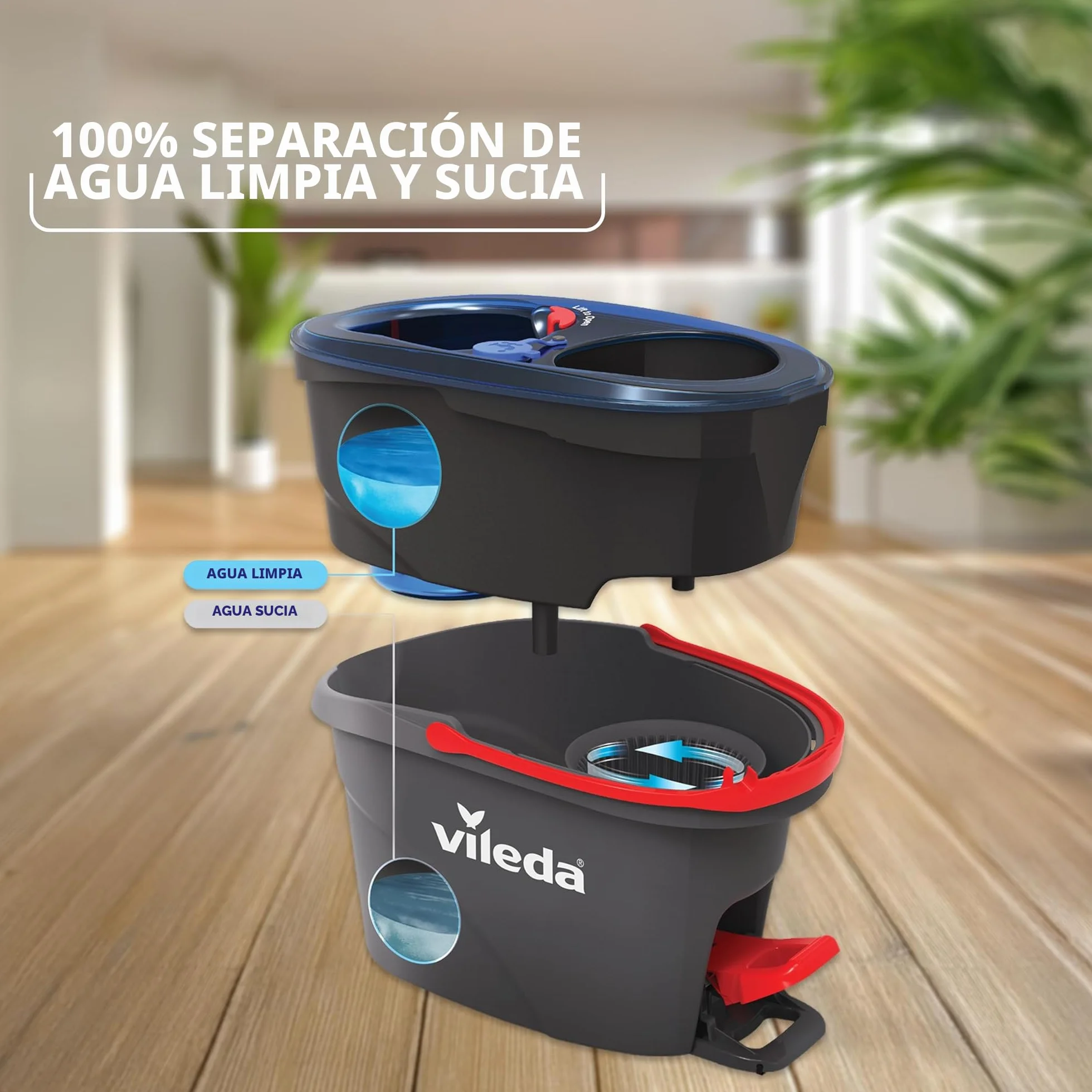 Vileda H2PrO Spin Mop, fregona giratoria con cubo doble depósito y pedal escurridor sin manos