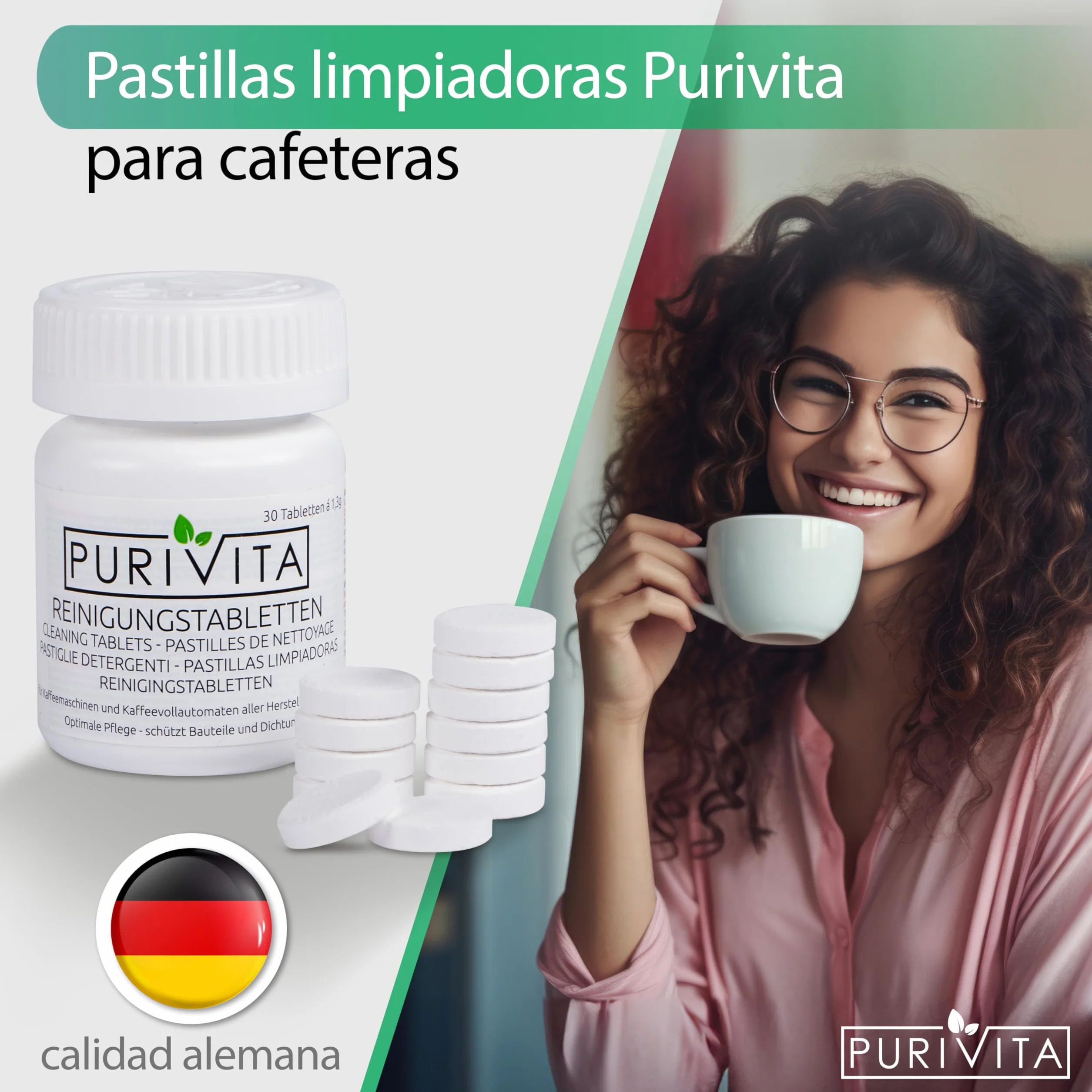 PURIVITA® Pastillas descalcificadoras para cafeteras Delonghi, Krups, Jura, Senseo, Nespresso - 30 pastillas