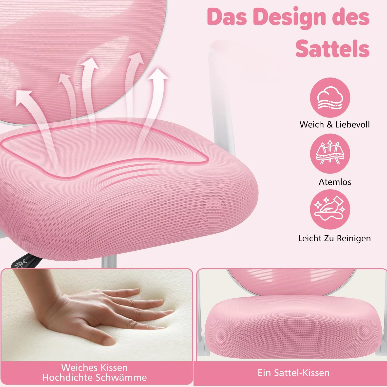 HOFFREE Silla de escritorio para niños, ergonómica, con reposabrazos plegable y reposapiés, giratoria, para niños y niñas, silla de mesa de malla para dormitorio, libros, rosa