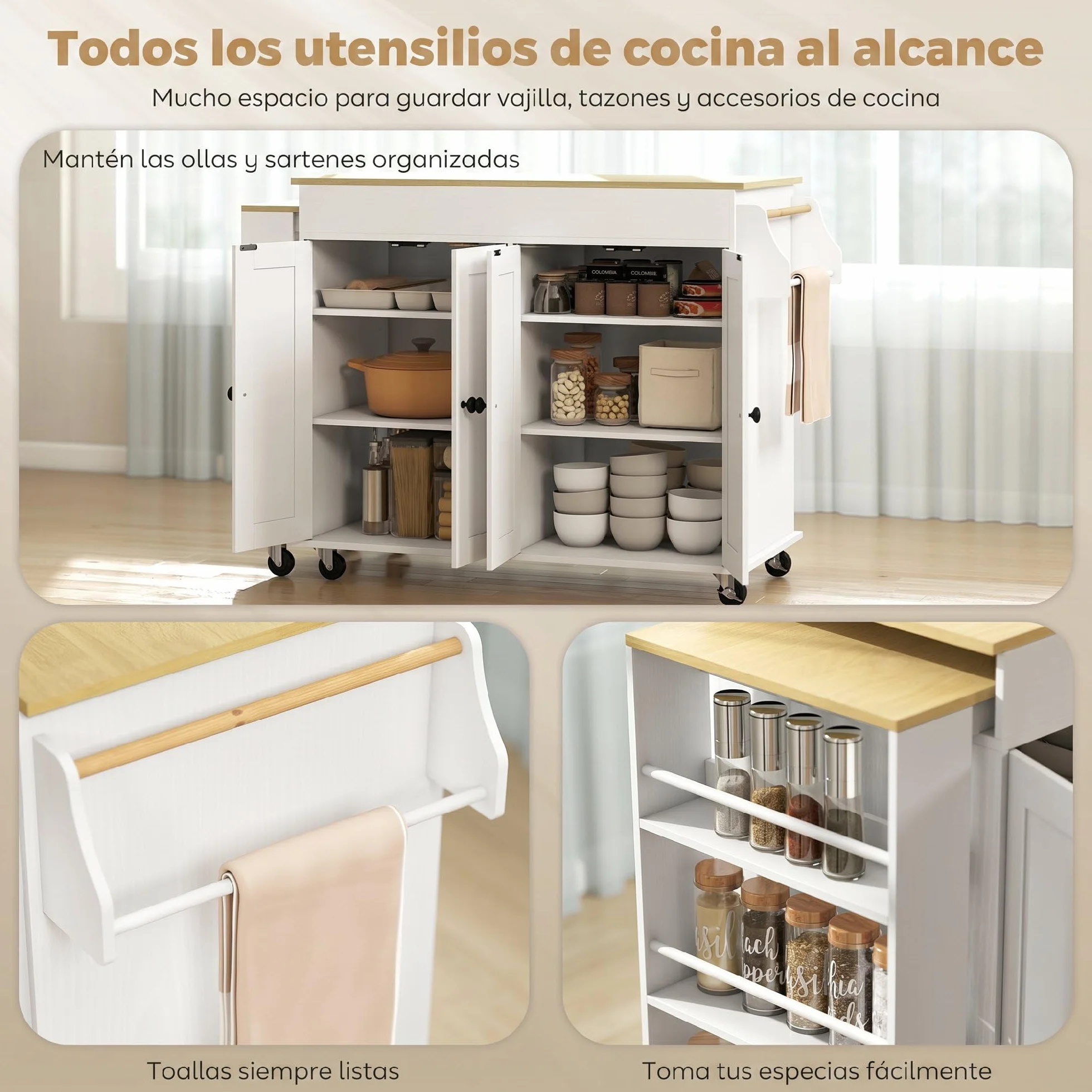 HOMCOM Isla de Cocina con Ruedas, Encimera Extensible, Carro de Cocina con 4 Puertas, Estantes Ajustables, Estantería Lateral Abierta, Especiero y Soporte para Toallas, para Comedor, Blanco
