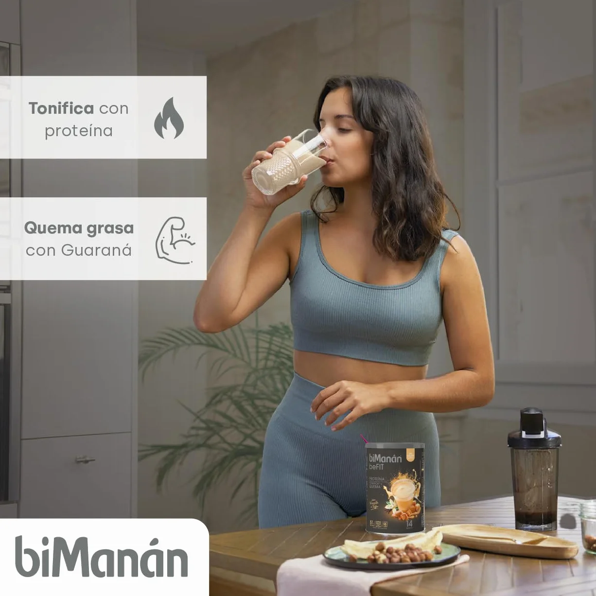biManán Batido de Proteína Sabor Vainilla y Toffee 51% Proteína Guaraná Fibra Ácido Fólico Vitaminas Minerales 420g