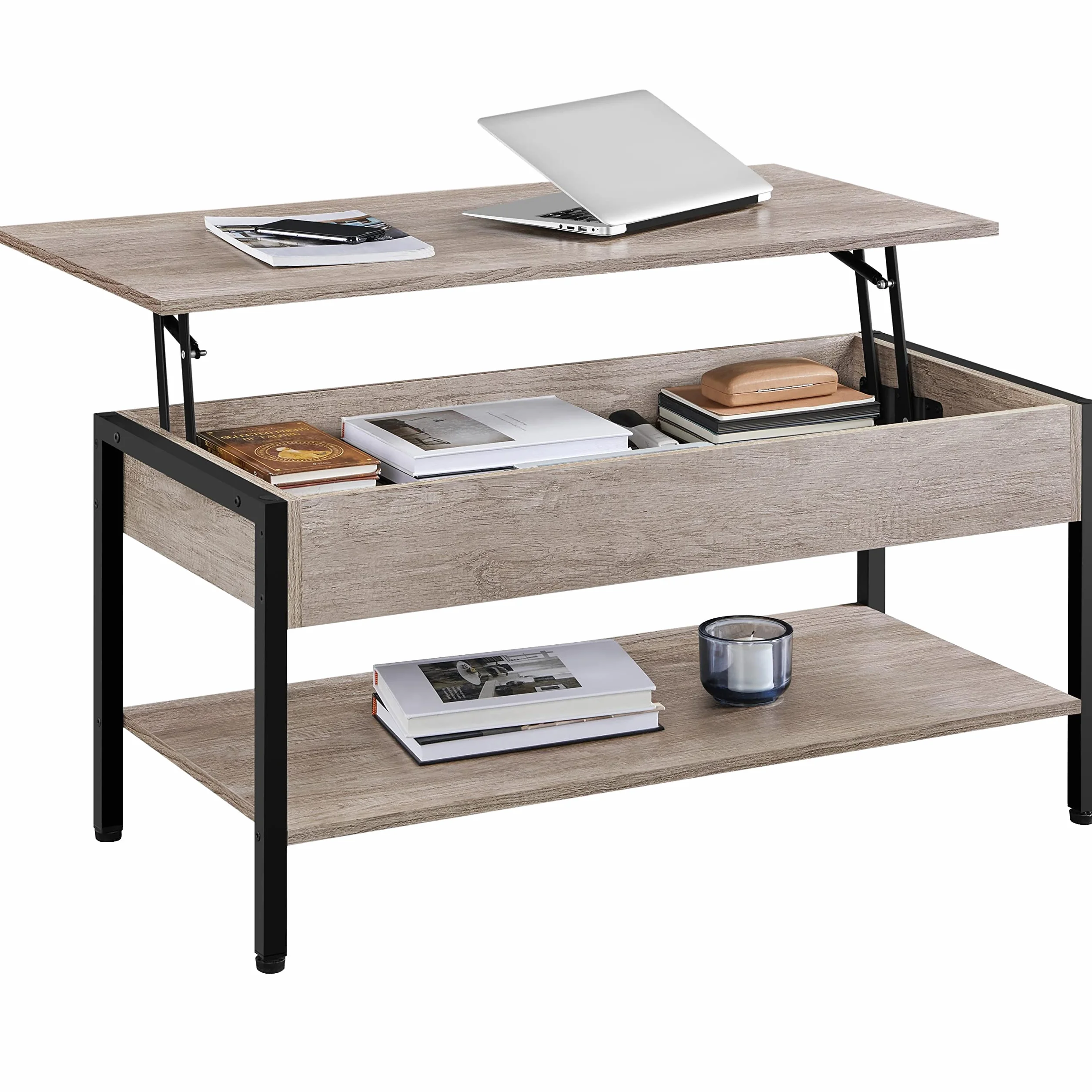 Yaheetech Mesa de Centro Elevable con Mecanismo 104,5x49,5X(47-62) cm | Hidráulico Diseño Industrial de Doble Nivel Mesa Baja de Industrial para Sofa Salon Gris