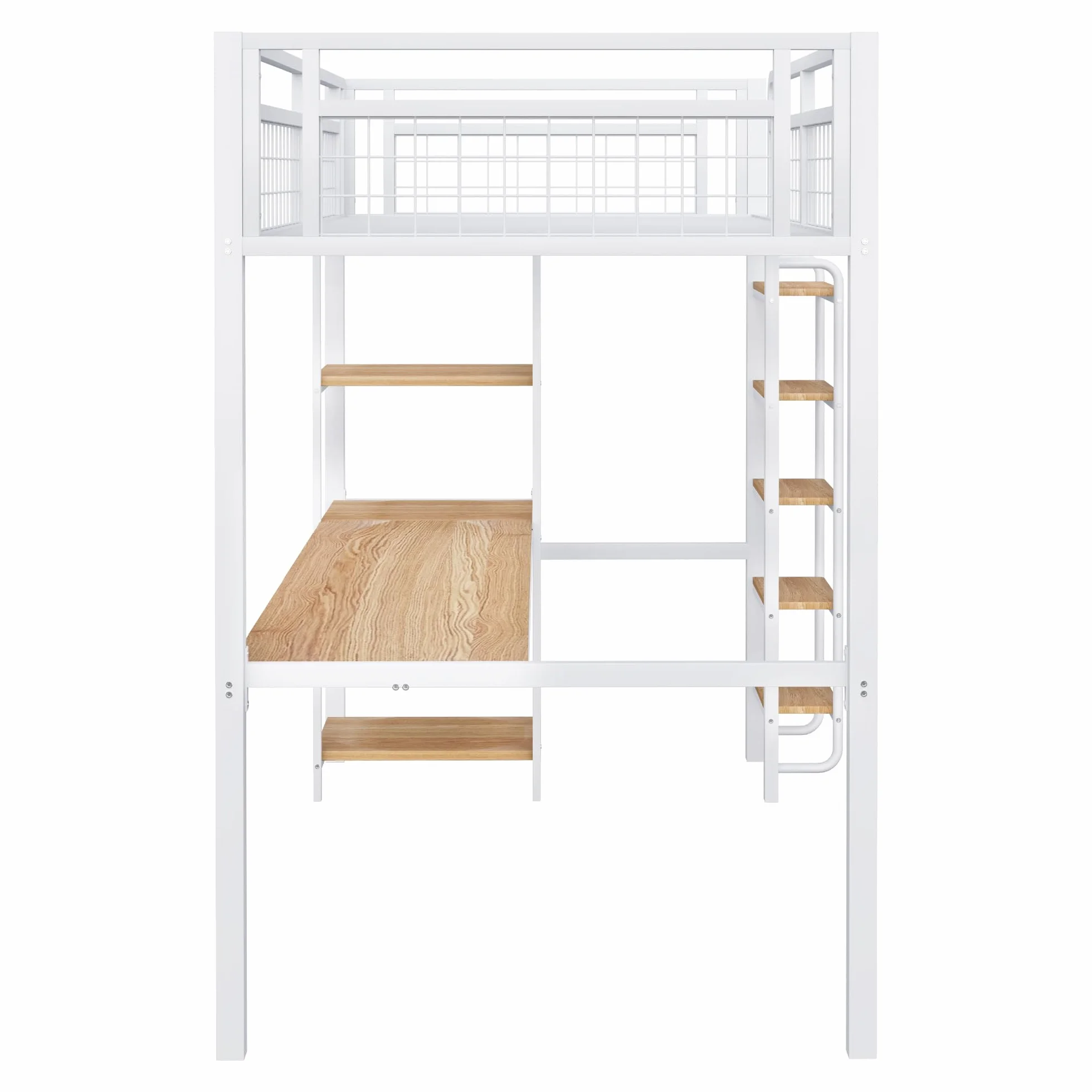 Cama alta de metal 90x200 cm con escalera y valla de seguridad blanca
