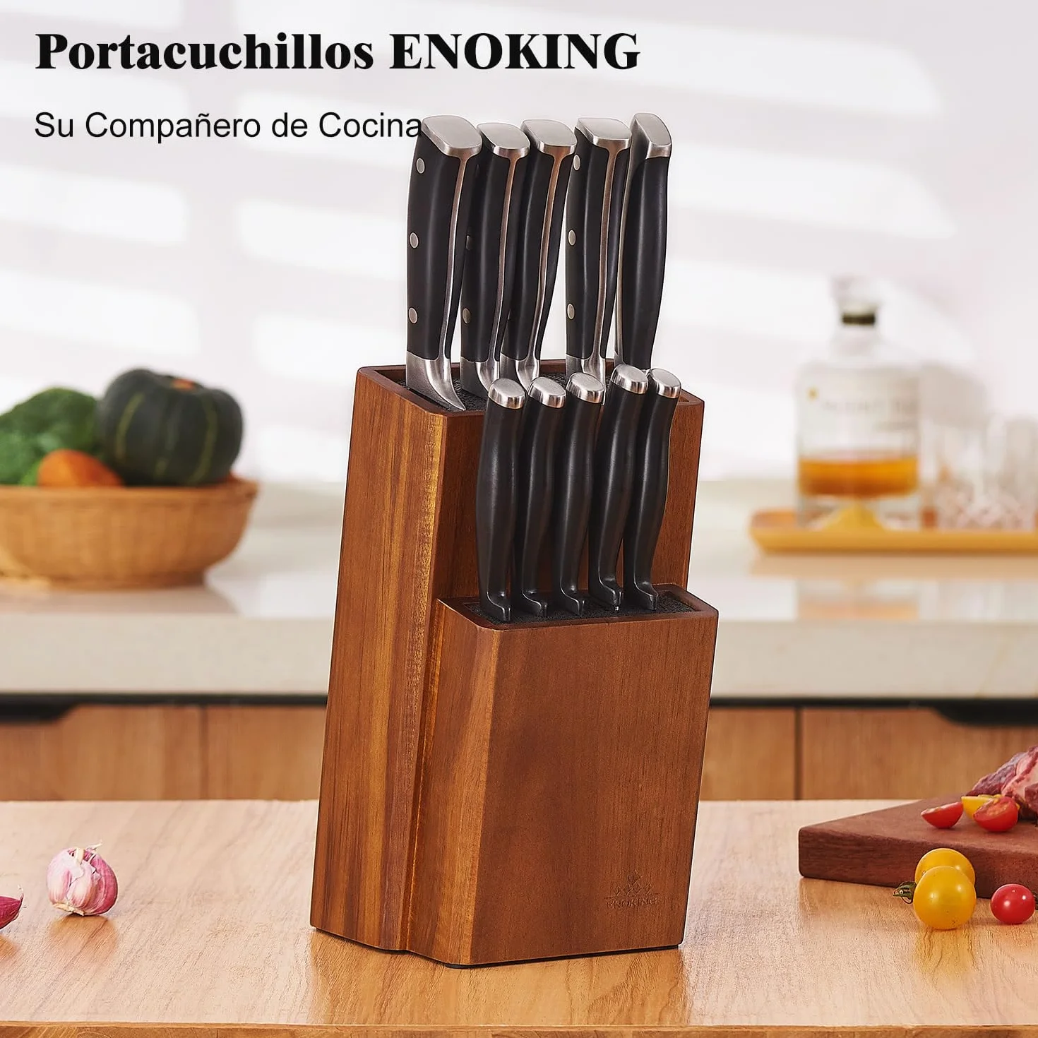 ENOKING Soporte Cuchillos Cocina, Organizador Madera Acacia, Bloque Cuchillos con Cerdas Extraíbles