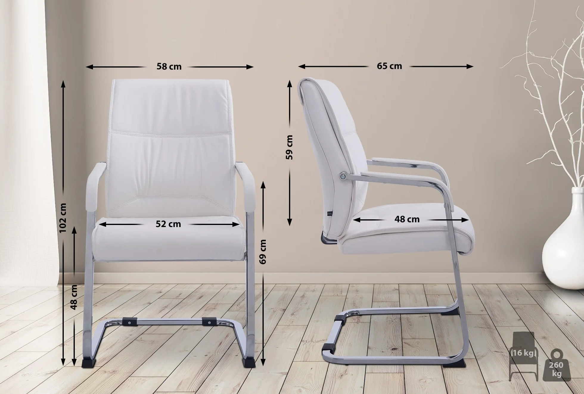 CLP Silla De Conferencia Anubis En Polipiel I Silla De Oficina En Estilo Cantiléver, con Reposabrazos & Base Metálica, Color:Blanco