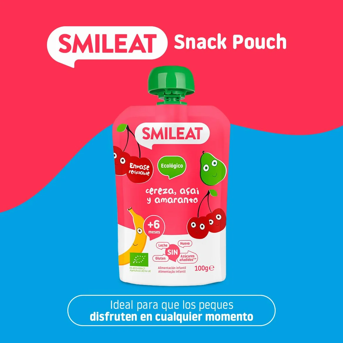 Smileat Pouch de Frutas Ecológicas Sin Sal ni Azúcar Añadido Sin Gluten Snack Práctico para Peques Sabor a Cereza Açai y Amaranto