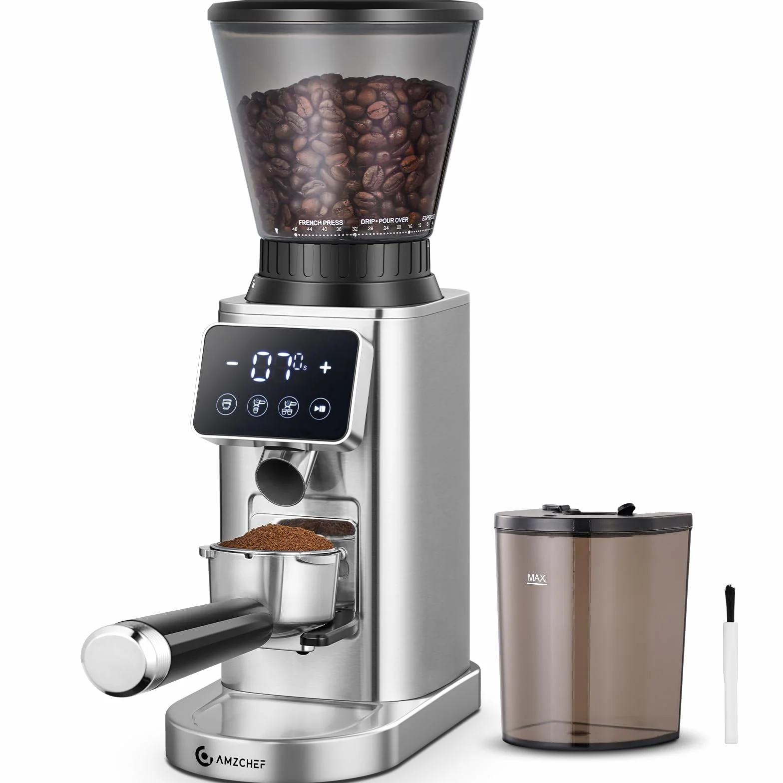 AMZCHEF Molinillo de Café Eléctrico con 48 Niveles de Molienda, Sistema Antiestático, Pantalla Táctil LCD, Depósito de 300 g, Acero Inoxidable, para Espresso, Café Filtrado, French Press