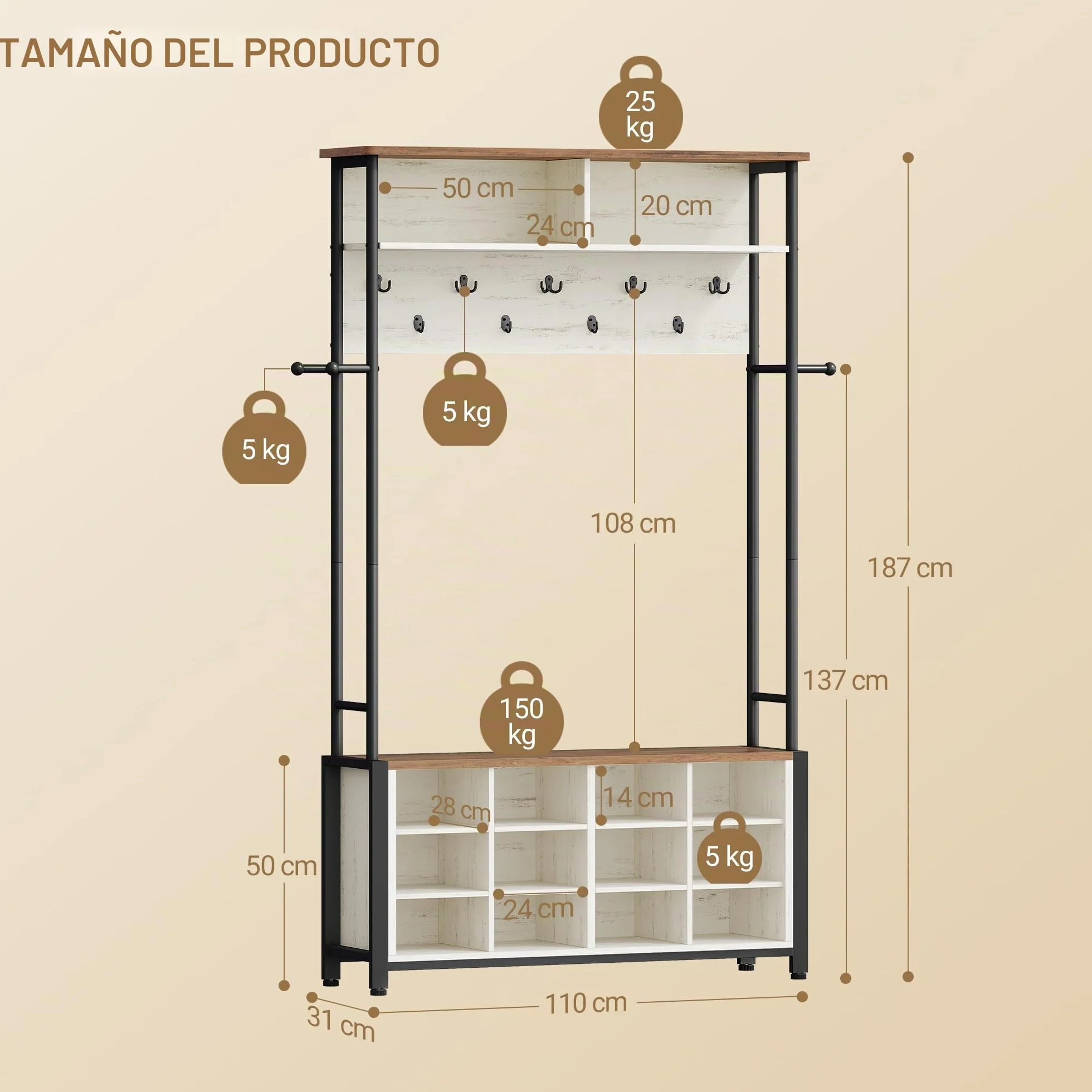 Hzuaneri Perchero Recibidor con Banco Zapatero con 12 Compartimentos, 13 Ganchos, 31 x 110 x 187 cm, Industrial, para Pasillo, Entrada, Marrón y Blanco HT17914B