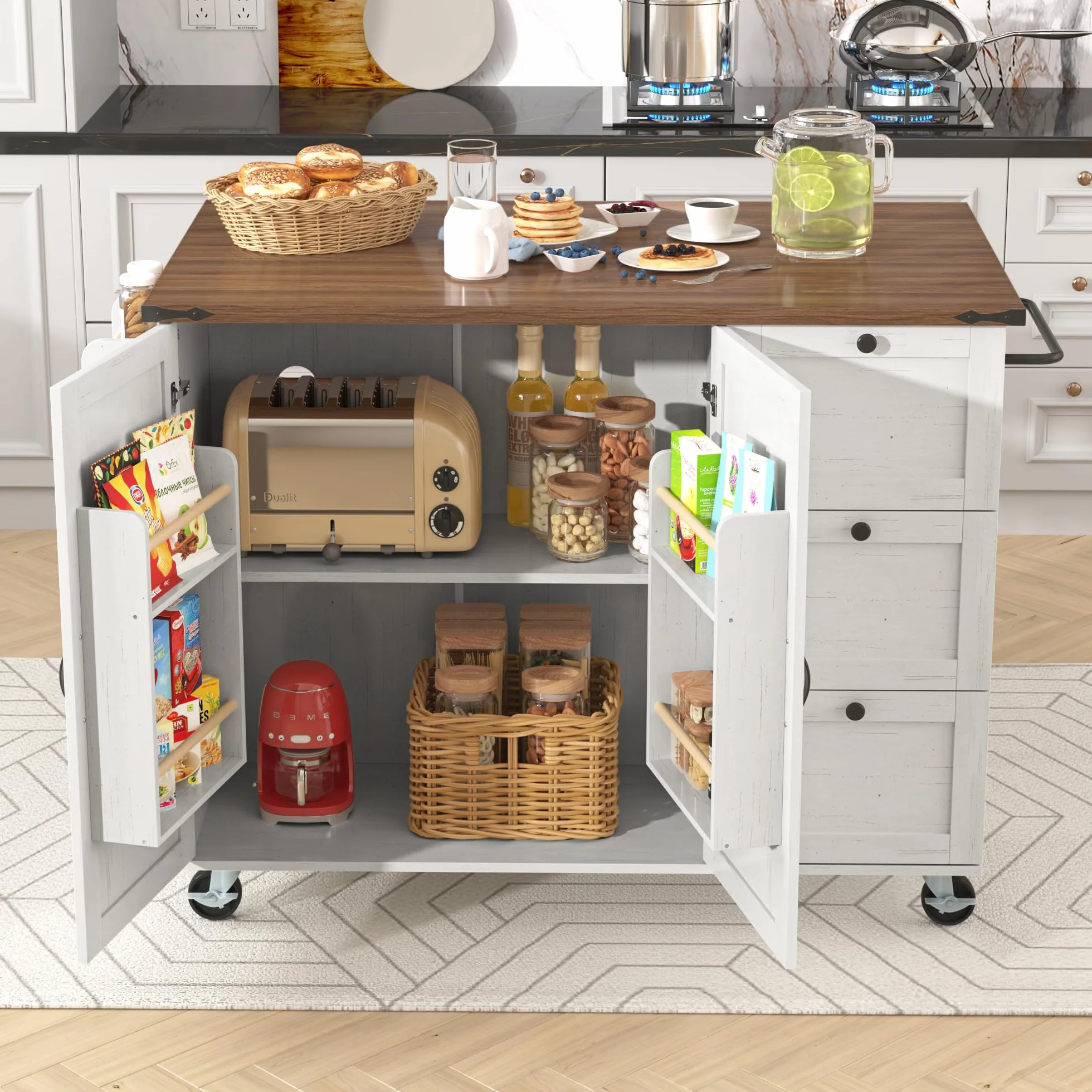 LAKFEW Isla Cocina con Ruedas y Tablero Plegable, Aparador Cocina con 2 Puertas y 3 Cajones, Mueble Auxiliar de Cocina con Estante Ajustable y Toalleros, 140x45(73) x92.5 cm, Beige