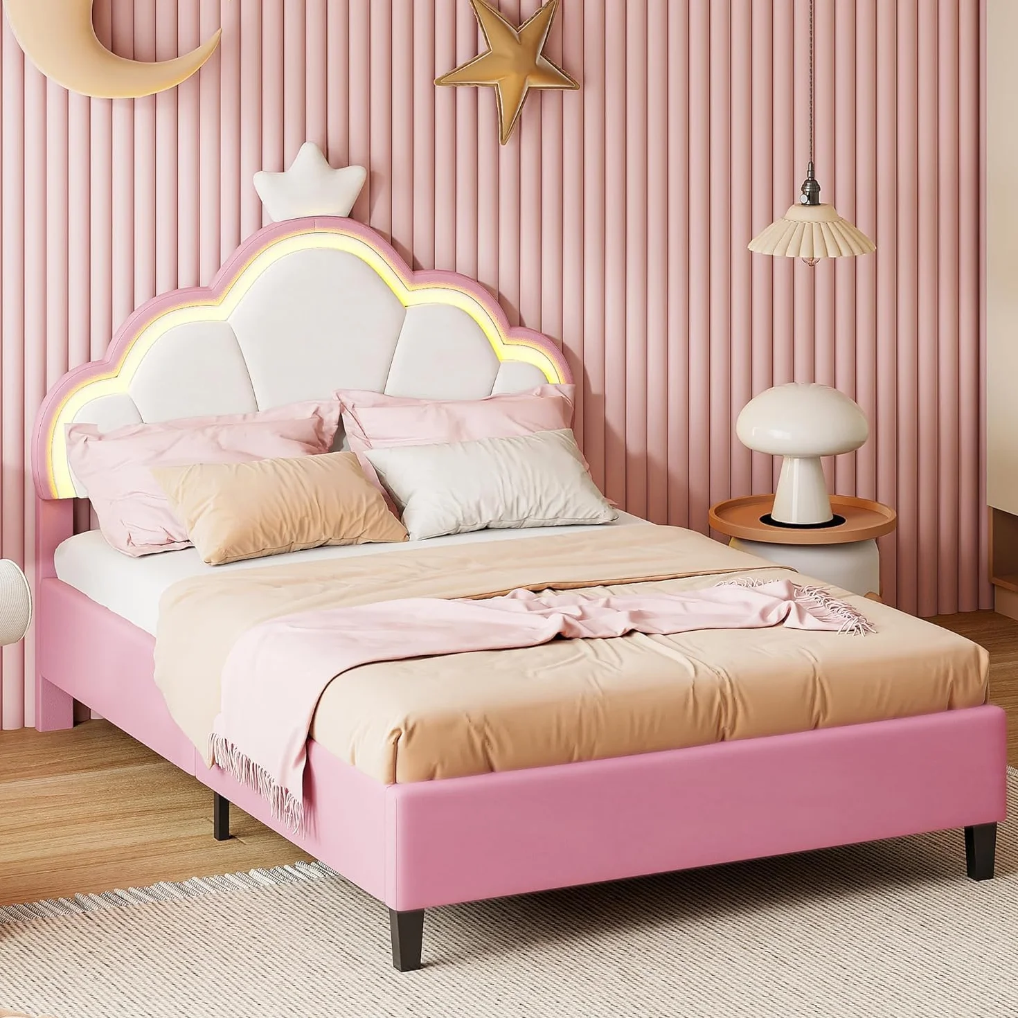 Cama infantil tapizada de 90x200 cm, cama para niñas, camaInfantil, camaPrincesa con cabecero LED ajustable y somier de láminas, camaJuvenil de madera maciza y terciopelo, sin colchón (90*200)