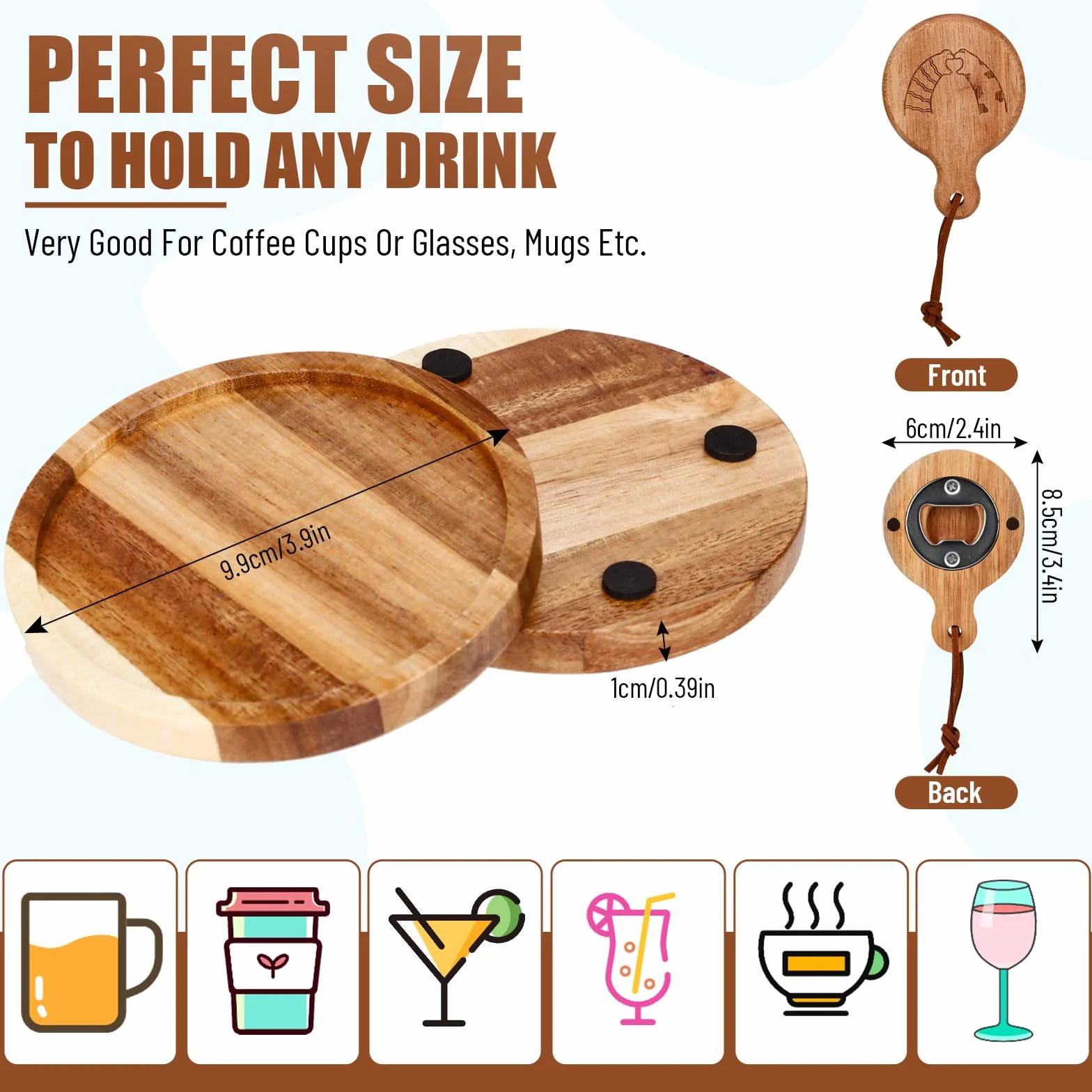 Posavasos de Madera Redondos con Bordes Elevados para Bebidas, Vasos y Bar
