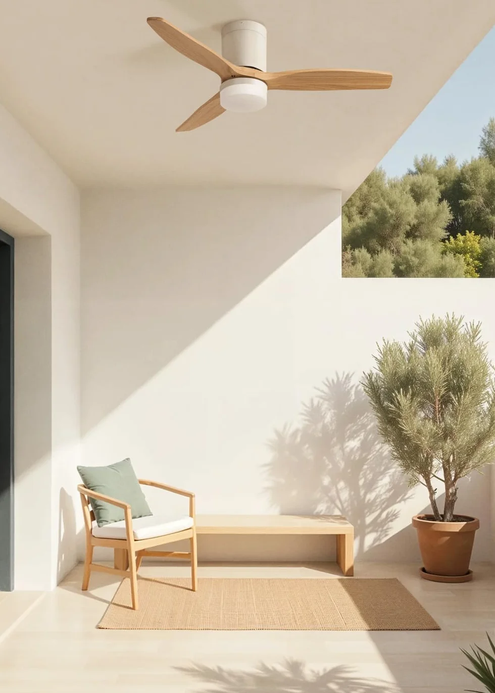 Ventilador de techo CREATE/WINDCALM S con luz blanco aspas efecto madera clara 40W Ø112 cm 6 velocidades 3 temperaturas luz temporizador verano-invierno
