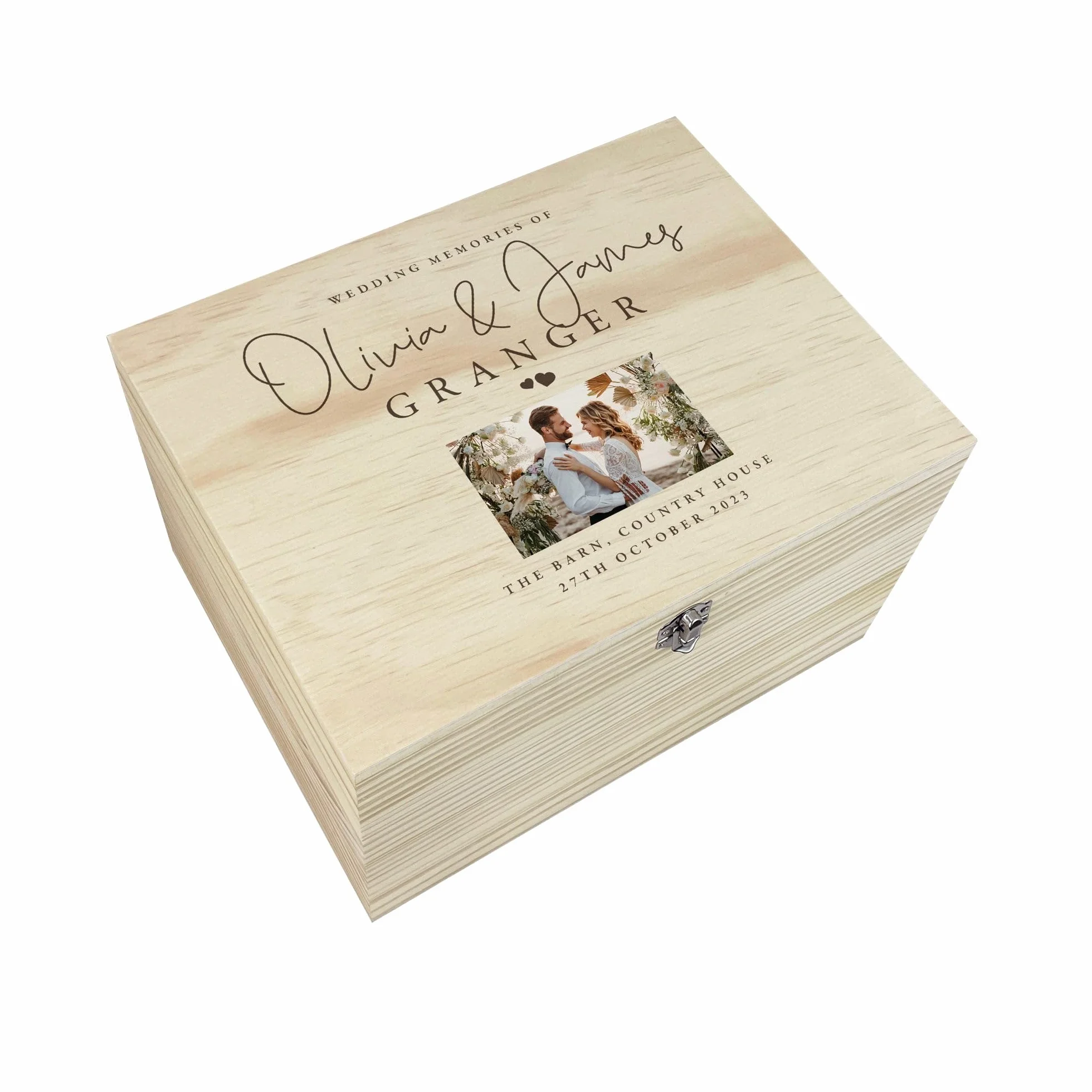 Caja de recuerdos de madera personalizada para fotos de boda, regalo de boda, fotografía personalizada, mensaje, lugar, nombres, apellido y fecha, regalo perfecto para el día de la boda, 26 x 19 x