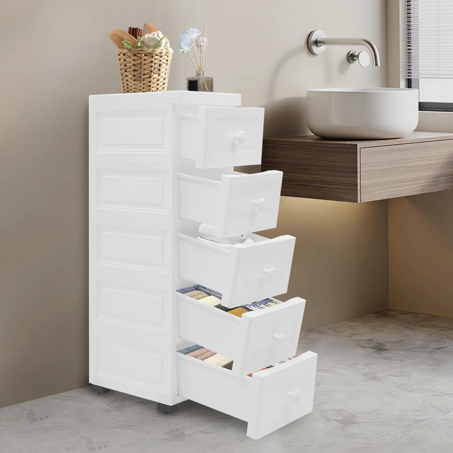 Armario estrecho con 5 cajones, 25 cm de ancho, de polipropileno, con ruedas, armario de baño impermeable para salón, cocina, oficina, blanco