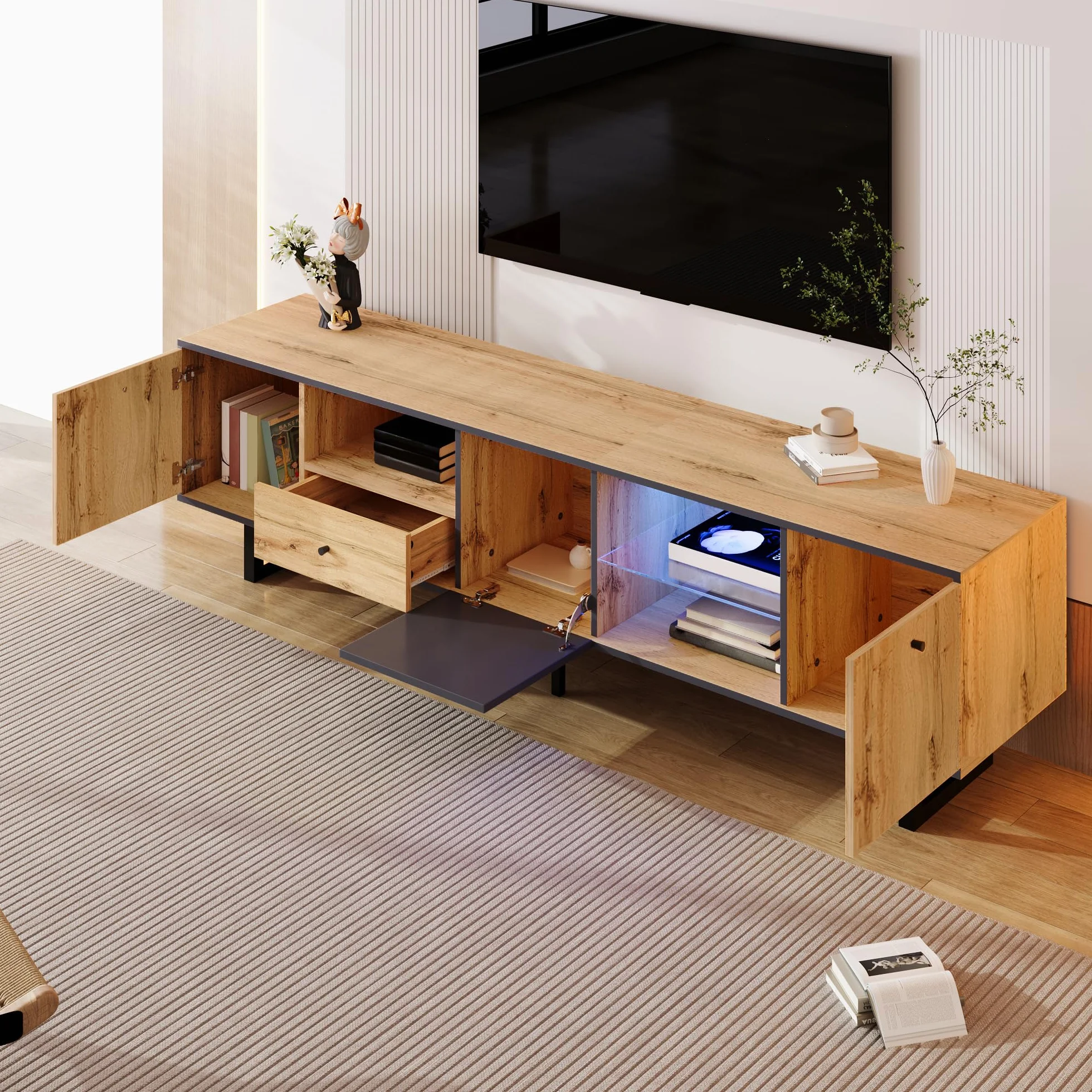 LAKFEW Mueble TV Salon de hasta 80 Pulgadas, Muebles TV con Iluminación LED y 3 Puertas, Muebles de Salon con 1 Cajón y 3 Compartimentos, Mueble Television, 190x40x50 cm, Natural