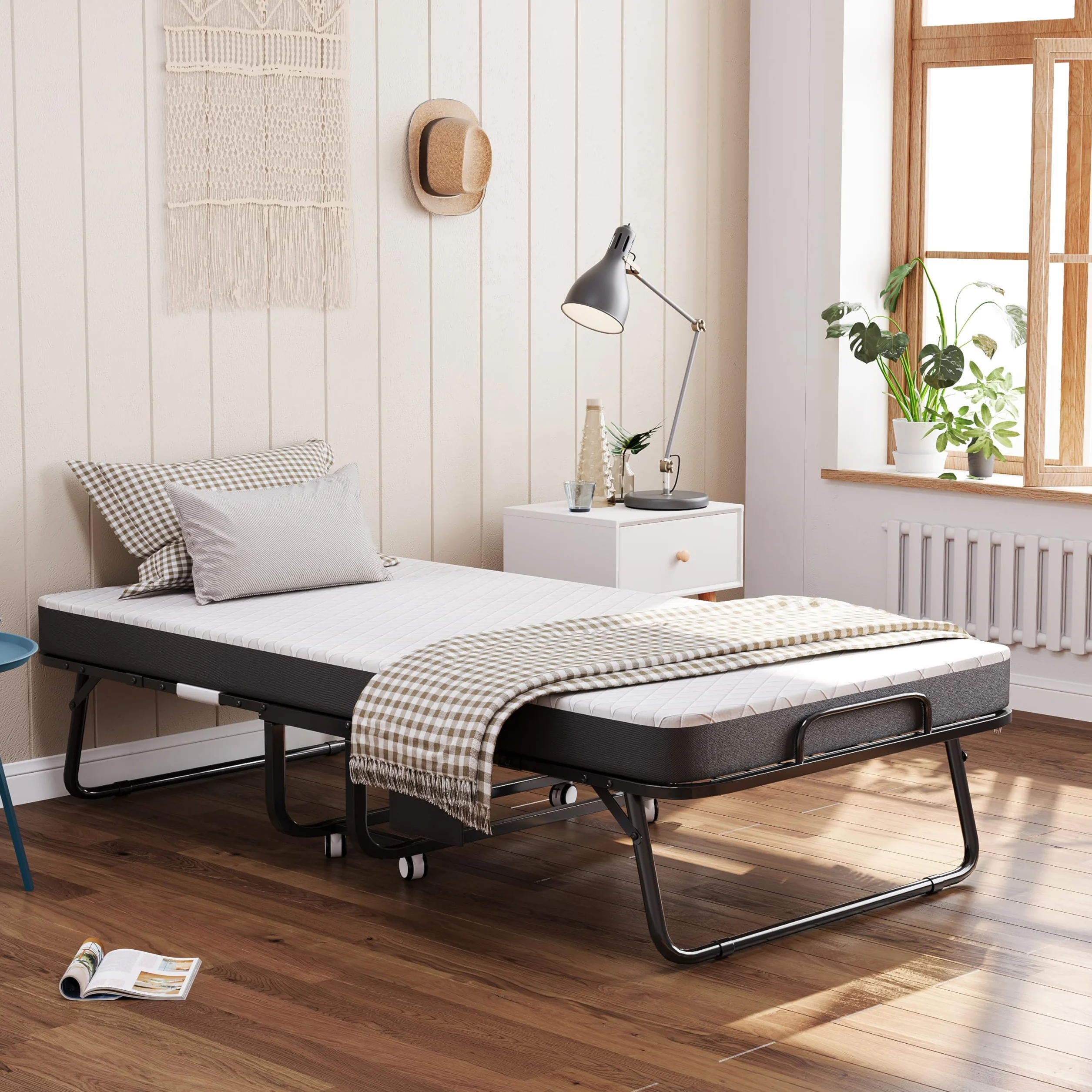 Cama plegable para adultos, 80 x 190 cm, cama plegable para adultos, con colchón de espuma de 13 cm, cama supletoria plegable con 4 ruedas y somier de láminas de metal para invitados, carga 200 kg