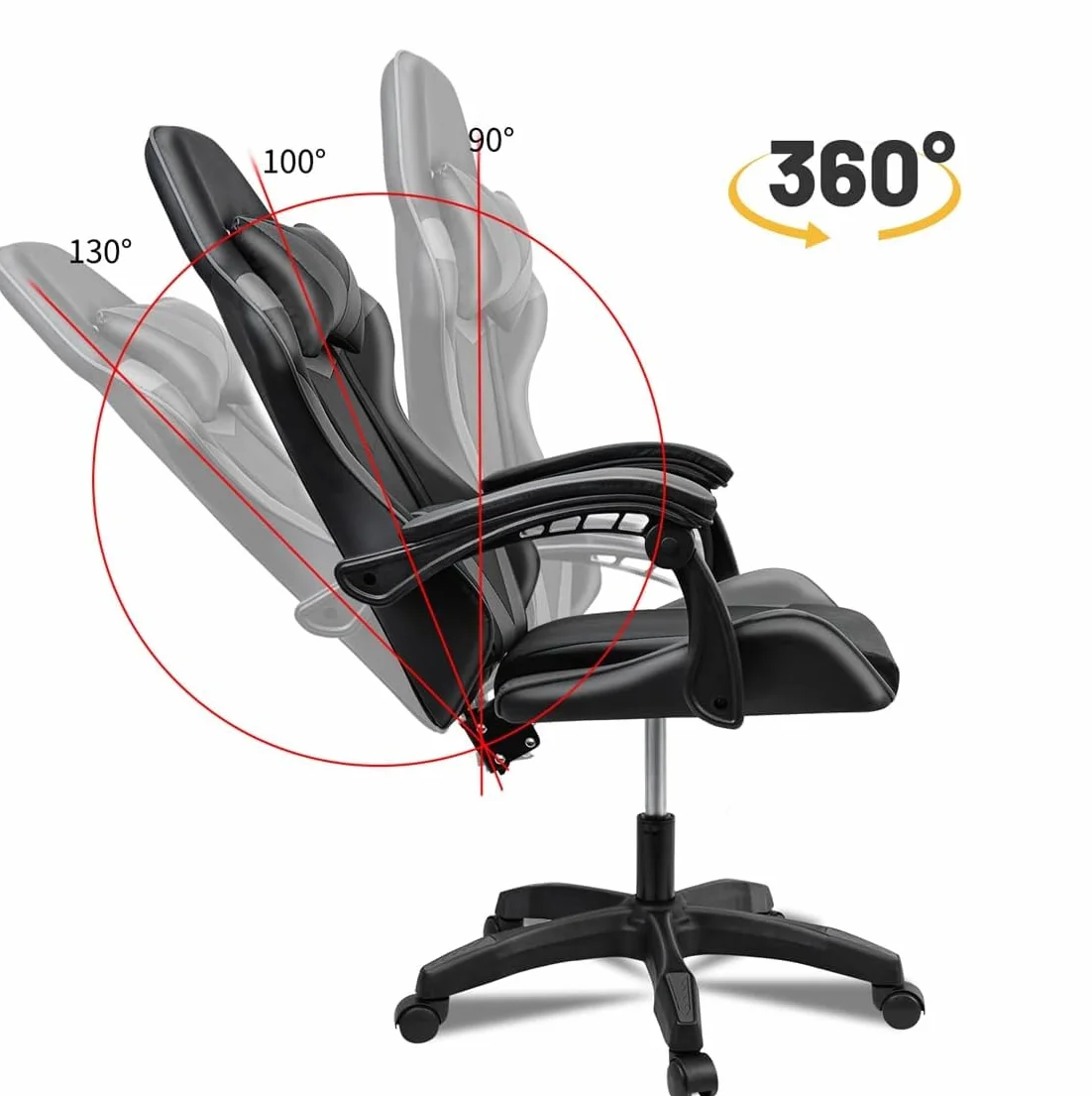 Silla Gaming Ergonómica Reclinable con Cojín Lumbar y Cervical, Altura Ajustable, Reposabrazos Acolchados, Ruedas 360°