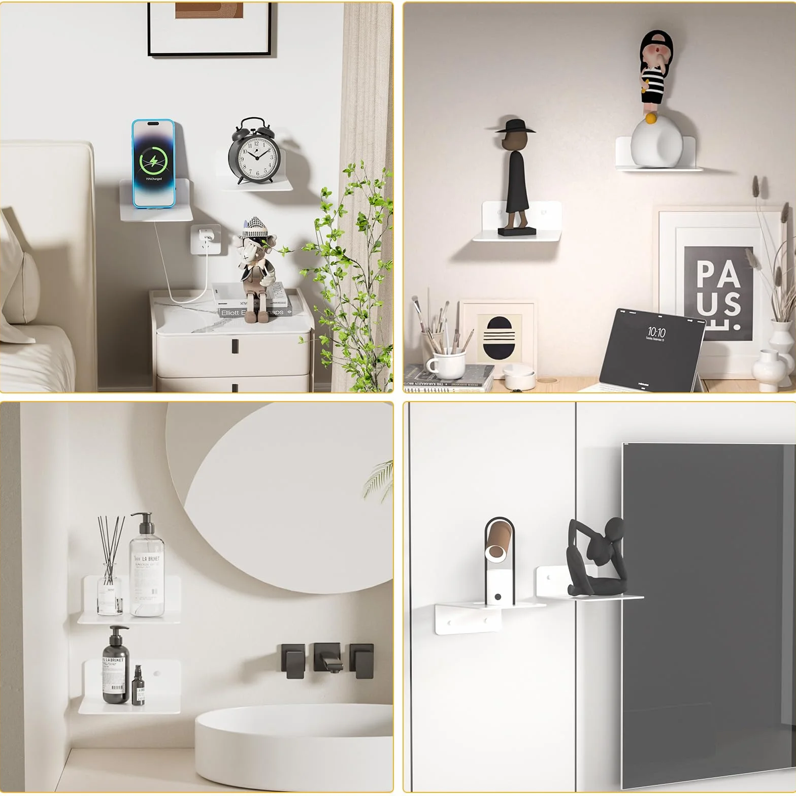 Wisfame Estanteria Flotante Pared Blanca, 12.5cm Estante Pared de Metal Sin Taladrar, Pequeña Estanterias de Pared Juego de 2 para Salon/Cocina/Baño
