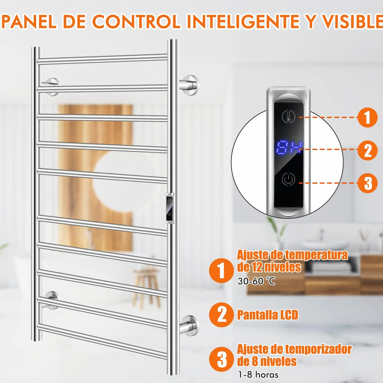 COSTWAY Toallero Eléctrico, Calentador de Toallas Montado en la Pared con Temporizador de 1-8H y Pantalla LCD, Calentador de Toallas de Baño de Acero Inoxidable, Plateado (120W, con 10 Barras)
