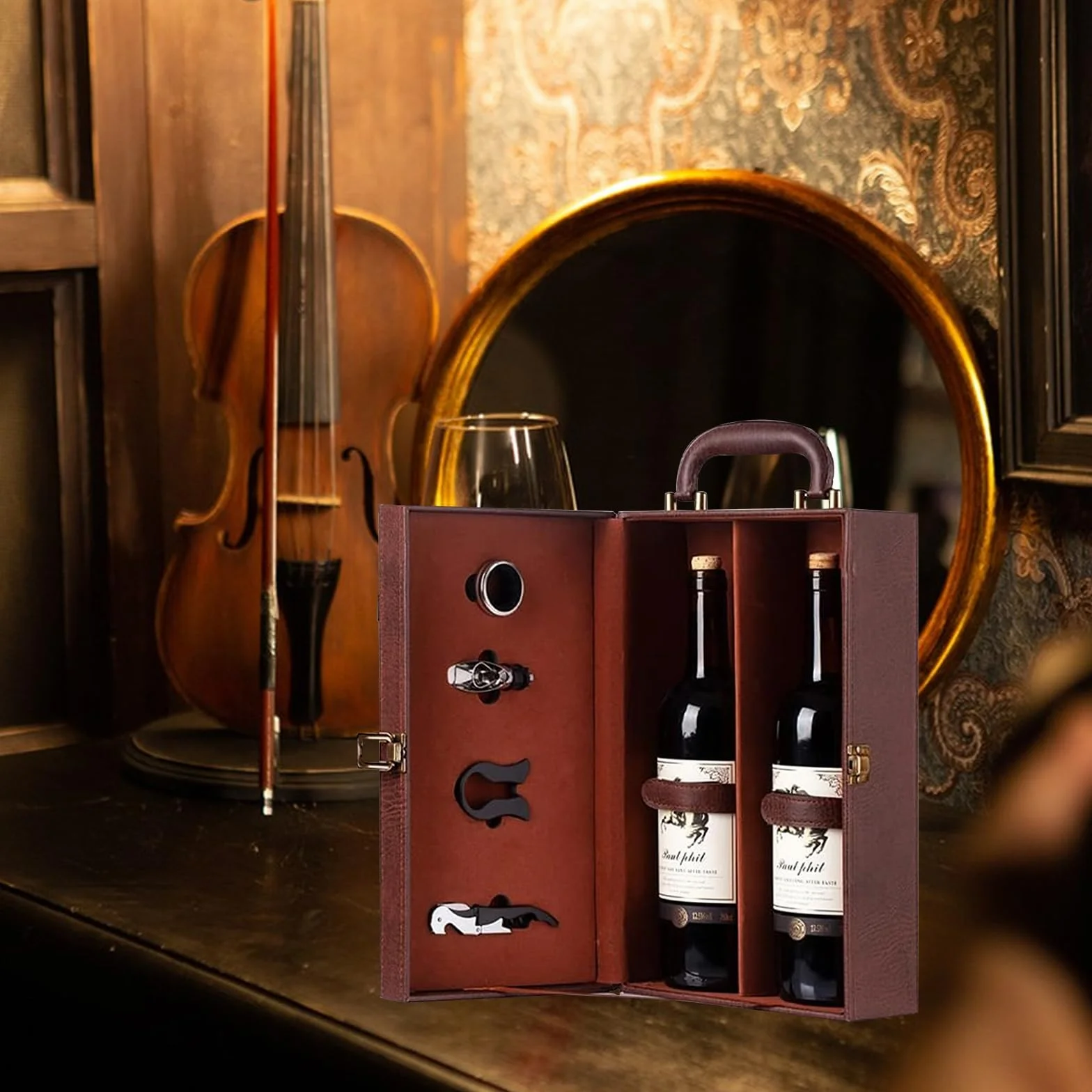 Caja para Botella de Vino con Accesorios para vino de 4 piezas Estuche portador de vino para 2 Botellas para Bodas Aniversarios Fiestas Viajes 35x20x12 cm