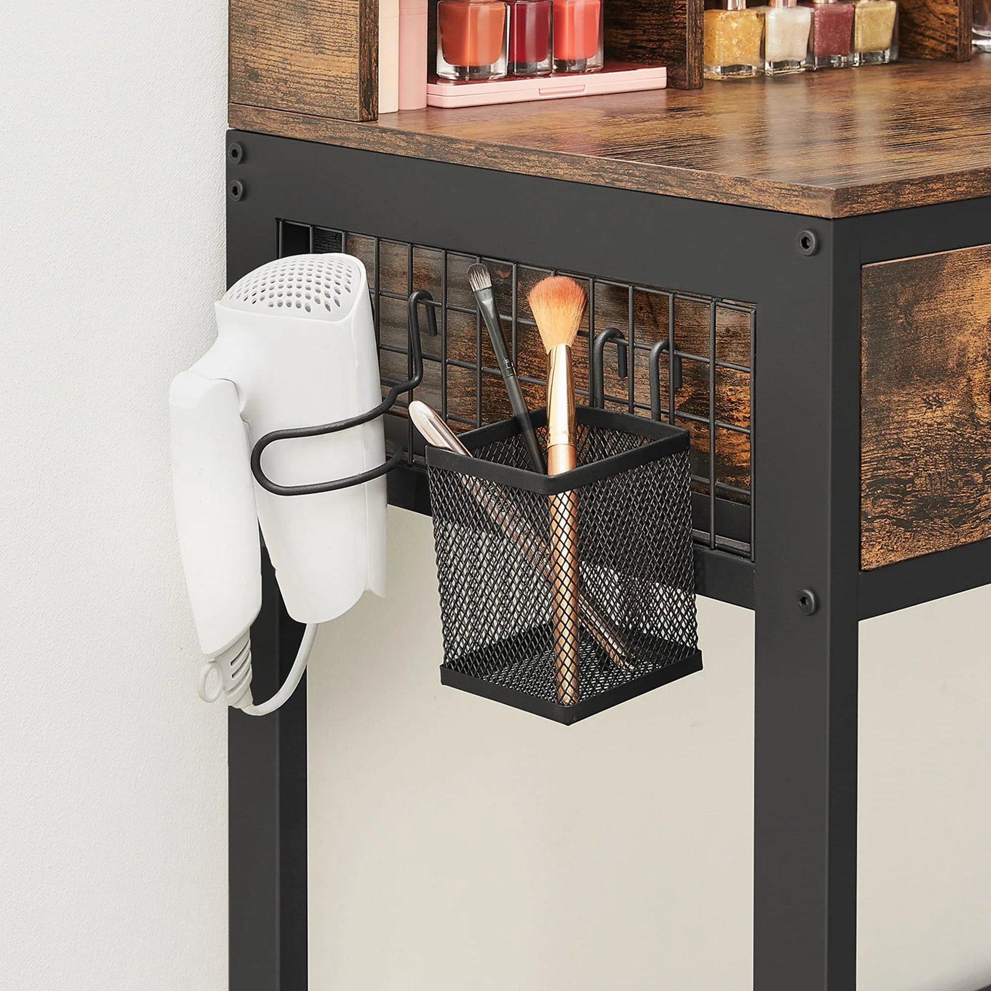 VASAGLE RVT004B01 - Conjunto de Armario Inferior con Taburete tapizado, 3 cajones, Soporte para secador de Pelo, tocador, Estilo Industrial, rústico, marrón y Negro