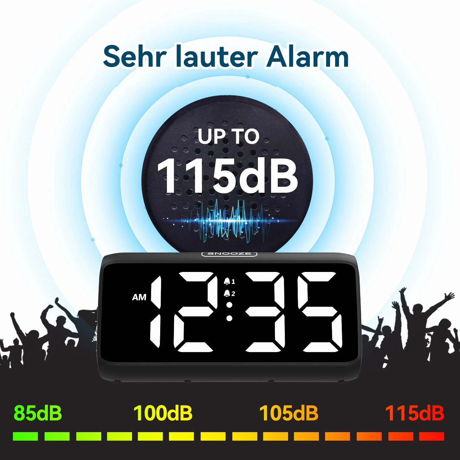 Despertador fuerte para durmientes profundos, despertador fuerte con vibración, doble alarma, pantalla LED, 5 niveles de brillo, 4 niveles de volumen, snooze, despertador vibrante para ancianos