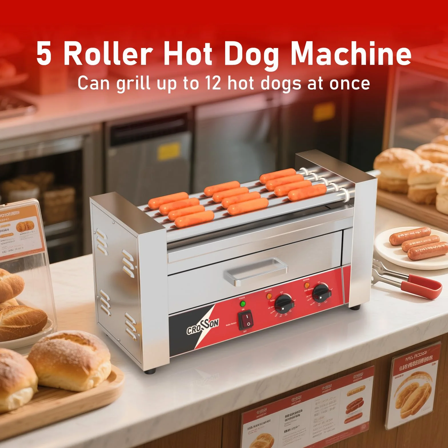 CROSSON Maquina Perritos Calientes 7 Rollos con Calentador de pan,Hot Dog Maquina Comercial de Acero Inoxidable con Control de Temperatura,1050W